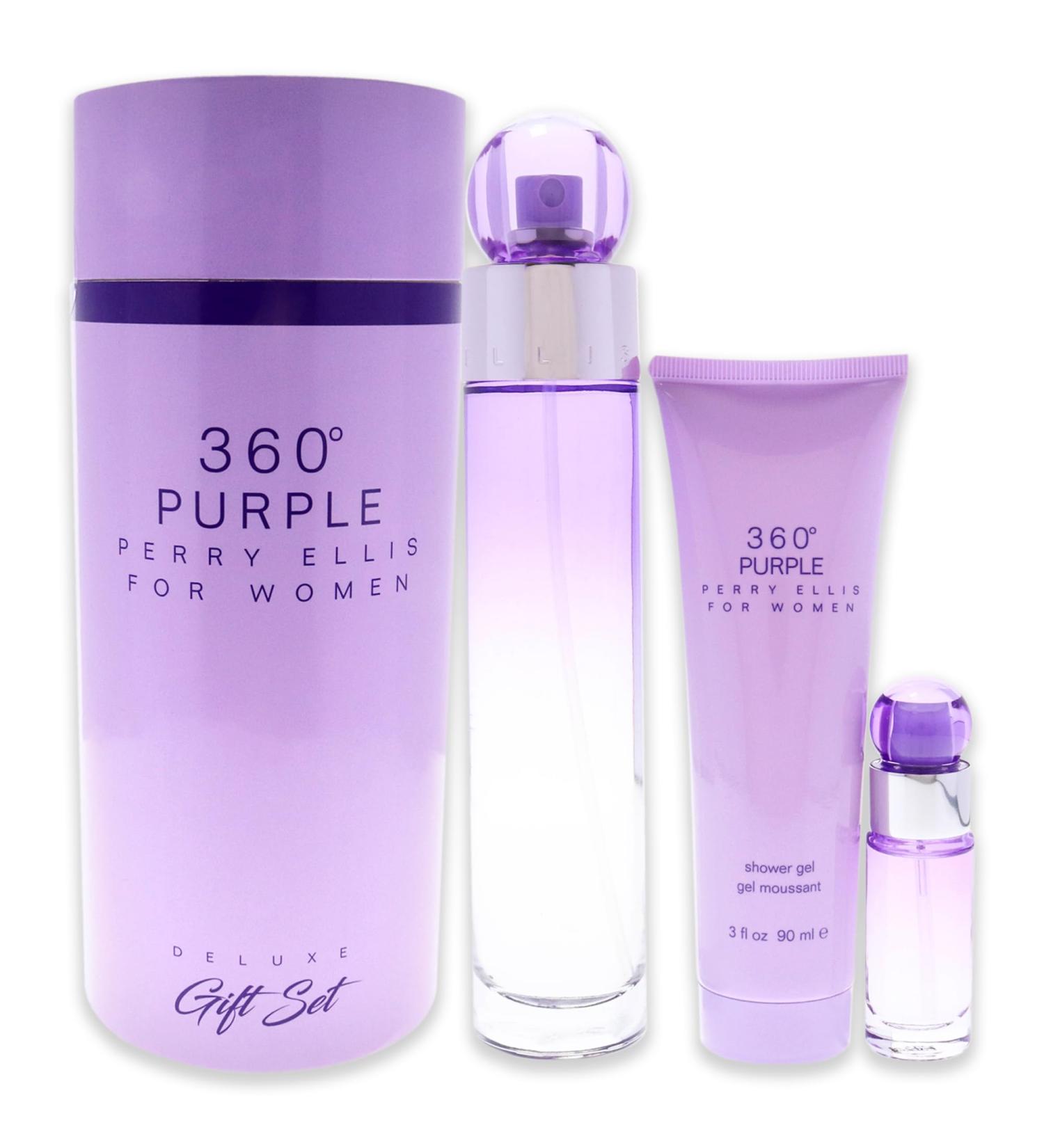 Perry Ellis 360 Purple Gift Set - 3.4 fl oz eau de parfum 3 oz shower gel 25 fl oz travel spray - blackberry peach pink apple tuberose muguet rose jasmine mimosa sandalwood oak moss musk