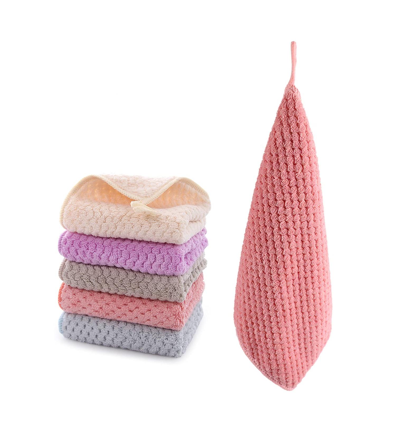 Onlup Hanging Hand Towels Set - Super Absorbent Small Towels for Kitchen & Bathroom - Set of 5 (Beige, Pink, Purple, Gray, Blue) - Buy Online on GoSupps.com