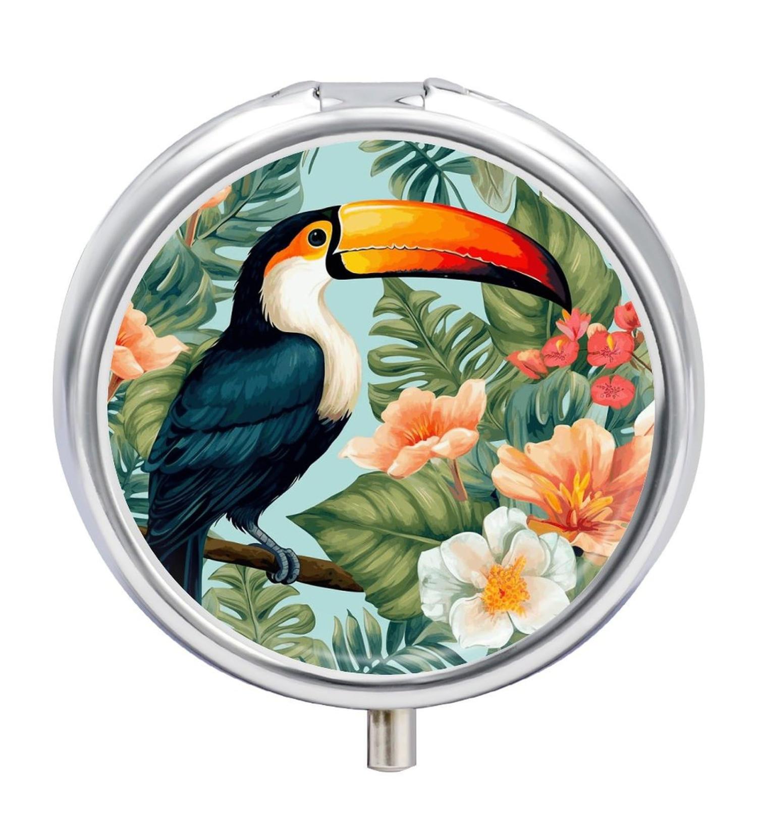 Round Pill Box with Tropical Flower Bird Print | 3 Compartment Portable Medicine Organizer | Decorative Metal Pocket Pill Case - Style 28 - Buy Online on GoSupps.com