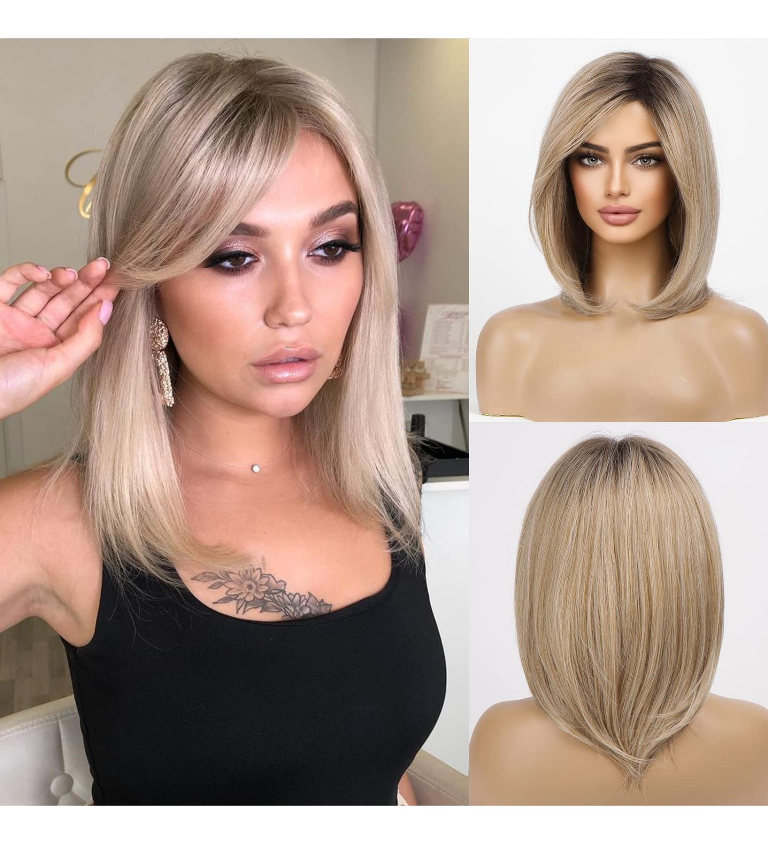 Haircube Short Bob Wig with Bangs - Heat-Resistant Synthetic Fiber Dark Root Ombre Ash Blonde - Perfect for Parties Cosplay & Daily Wear - Buy Online on GoSupps.com