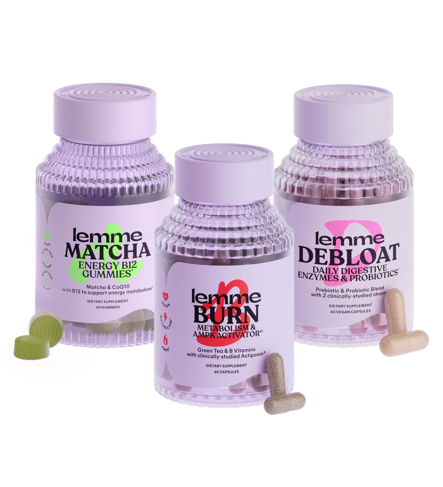 Lemme Burn Debloat & Matcha Bundle - Metabolism & Fat Burning Capsules + Bloating & Gas Relief Capsules + Energy B12 Gummies - Gluten-Free Non-GMO - 60 ct. ea - Buy Online on GoSupps.com