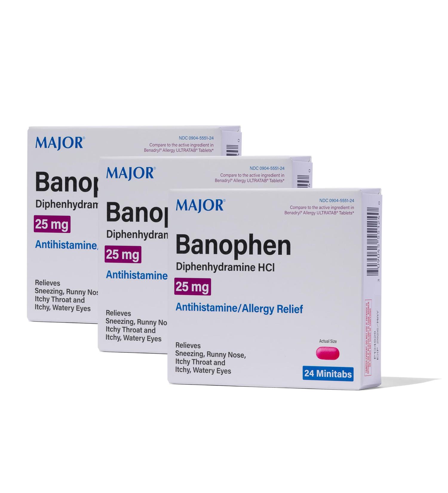MAJOR Banophen Diphenhydramine HCI 25 mg Minitabs - Temporary Relief from The Symptoms of Hay Fever and Upper Respiratory Allergies - Antihistamine - Allergy Medicine - 24 Count (3 Pack) - Buy Online on GoSupps.com