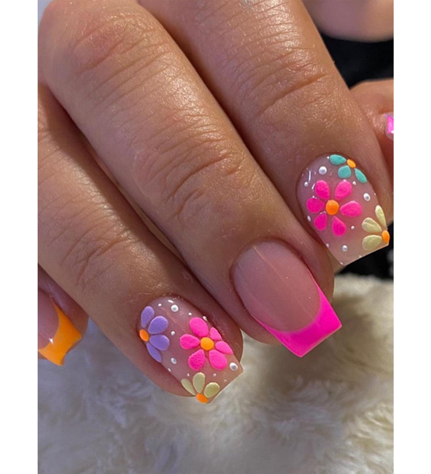 24pcs Floral Coffin Fake Nail Floral Summer 3D Press on Nails Floral Summer Nails Luxurious Nails Acrylic Nails Fake Nails For Women Girls - Buy Online on GoSupps.com