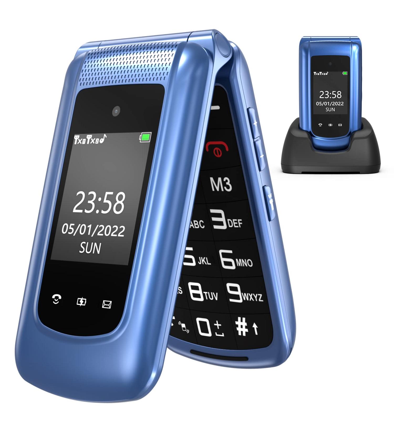 CHAKEYAKE 2G Unlocked Flip Phone for Elderly with SOS Button, Large Buttons, and Charging Cradle - Blue - Buy Online on GoSupps.com