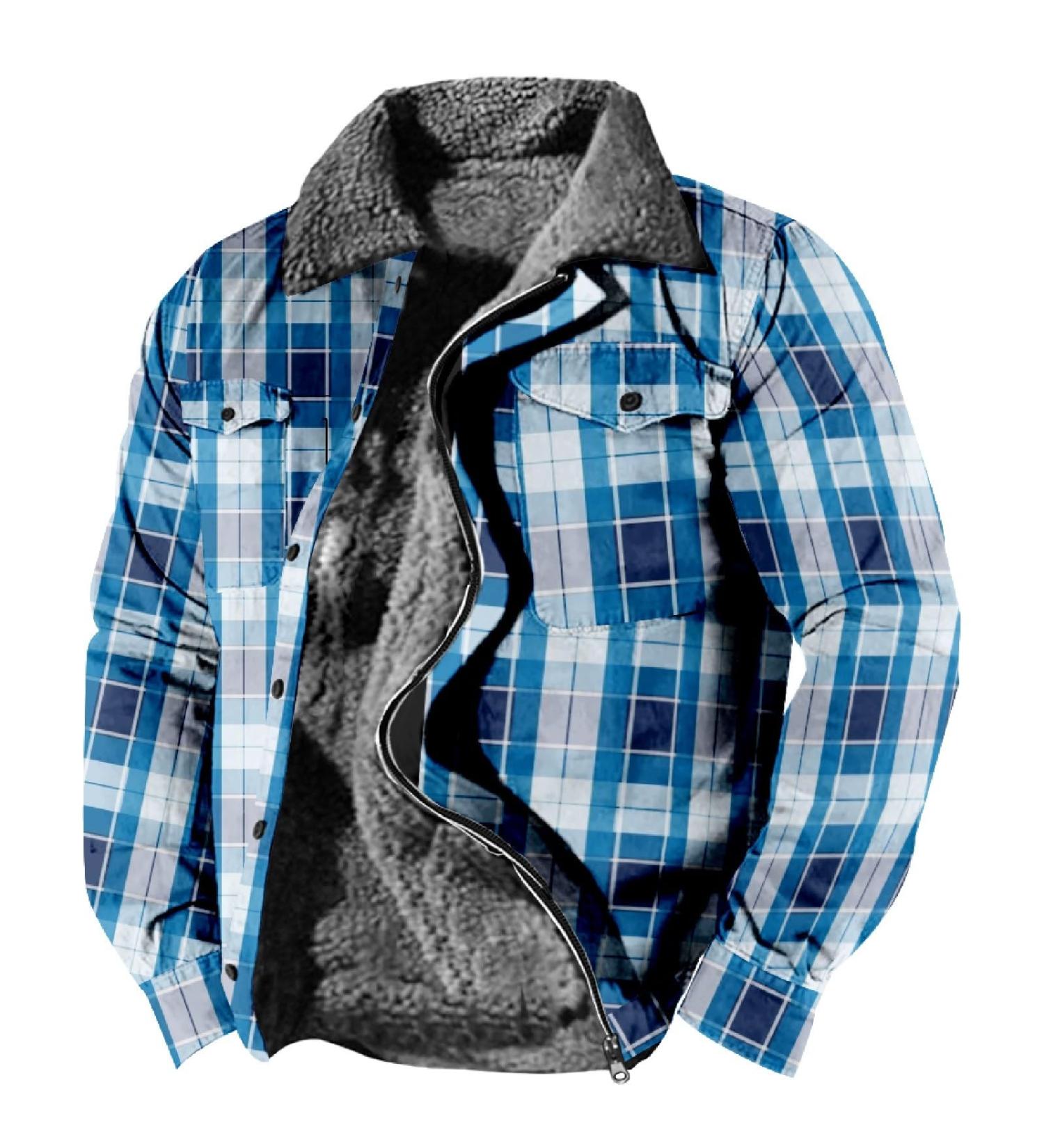 Hanxiulin Men's Fleece Plush Jacket - Warm Windproof Quilted Coat for Winter - Lightweight Thick Fluffy Zippered Trench in Blue - Buy Online on GoSupps.com
