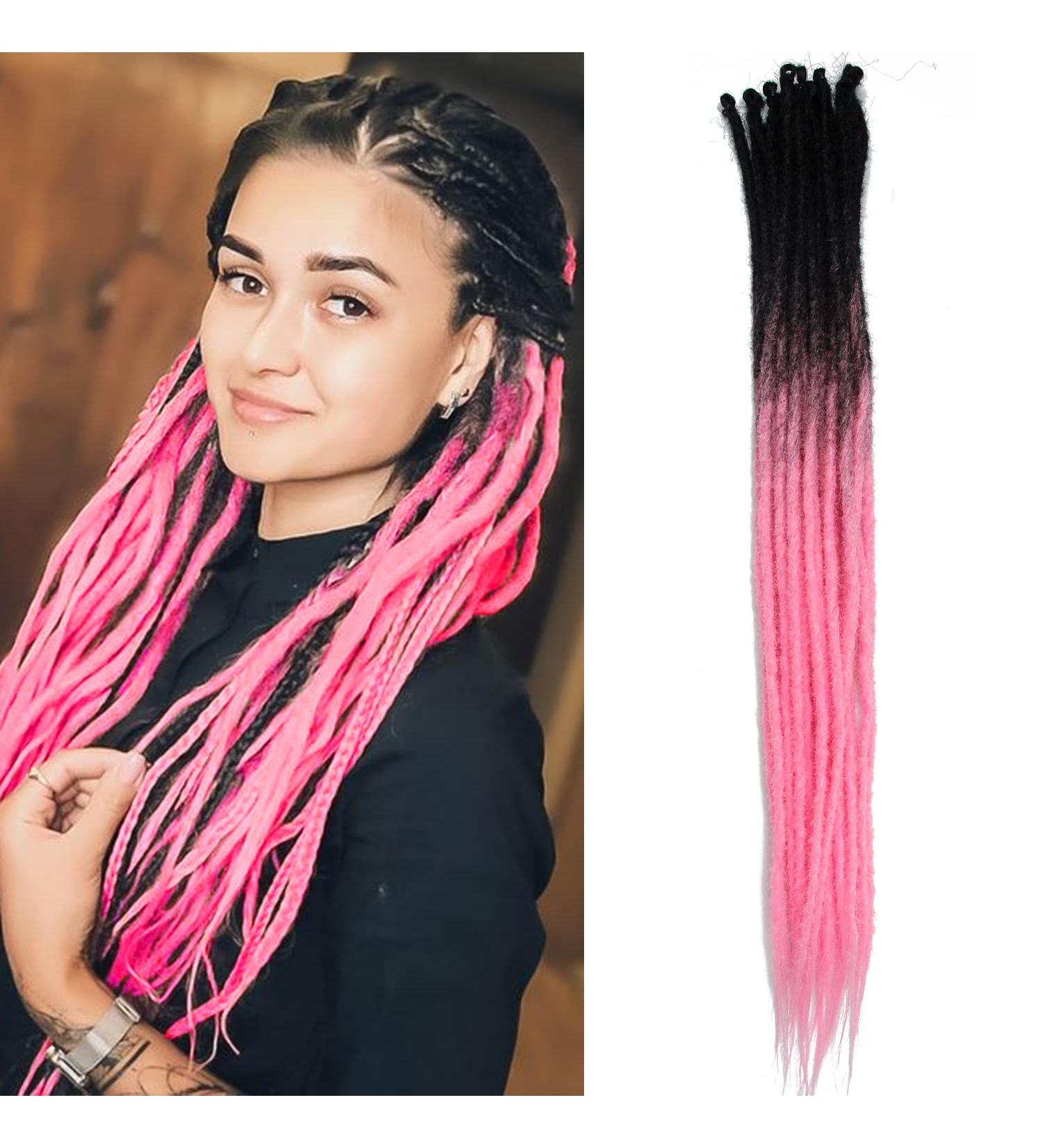 Handmade 24 Thin 0.6cm Synthetic Dreadlock Extensions - Soft Crochet Hair Hip-Hop Style 20 Strands Pink - Buy Online on GoSupps.com