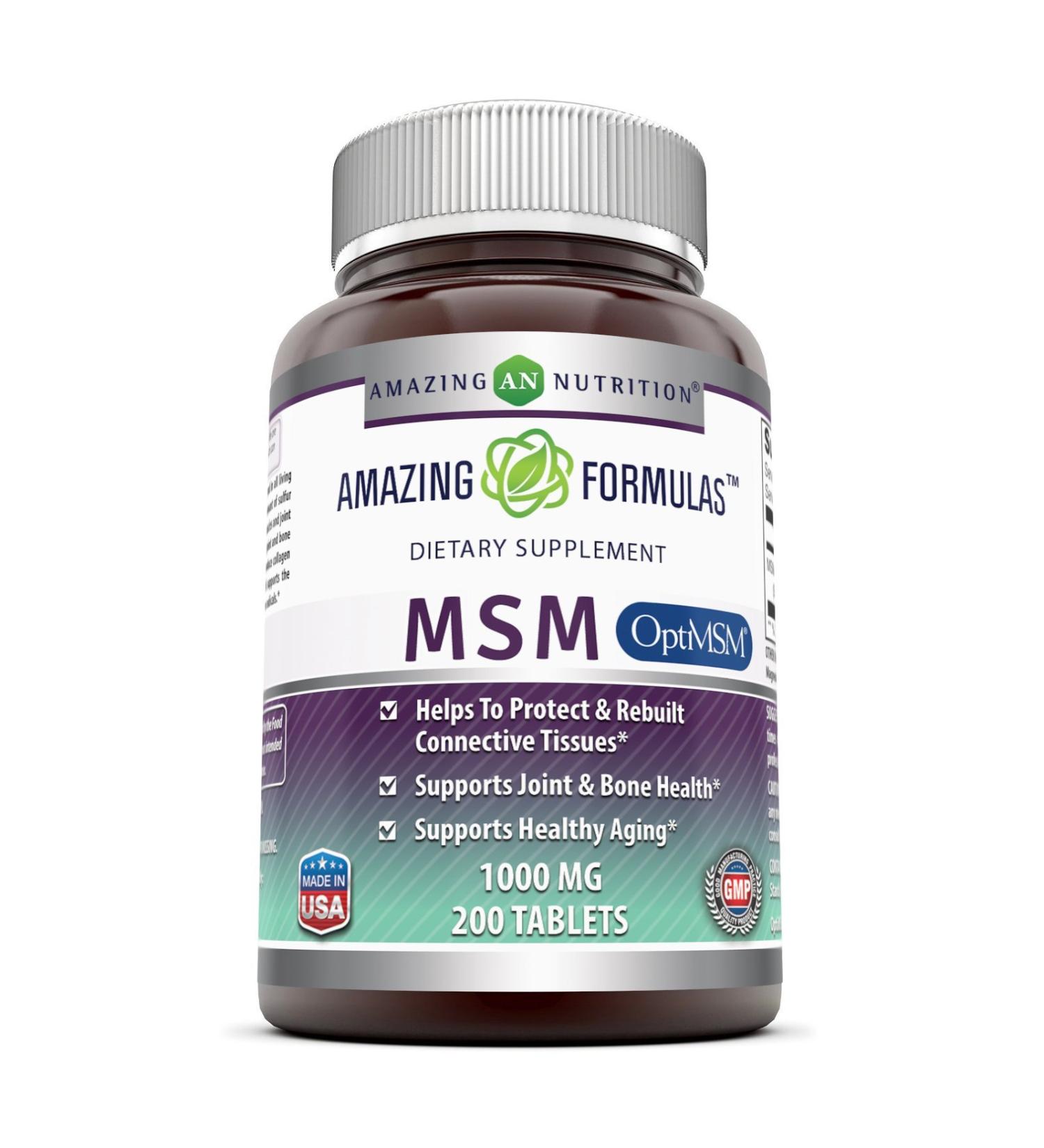 Amazing Formulas OptiMSM 1000mg Tablets - Supports Connective Tissue, Healthy Aging, Joint Function & Skin Health - 200 Count (Non-GMO, Gluten Free) - Buy Online on GoSupps.com