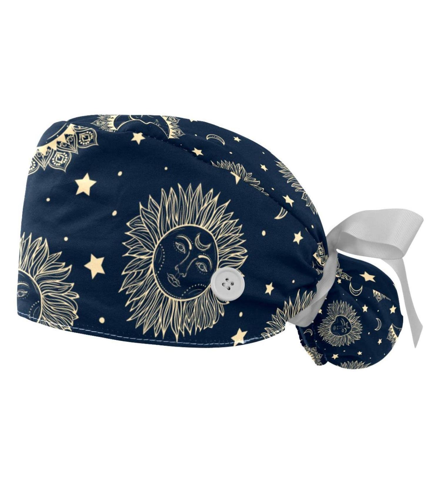 Celestial Moon Sun Star Scrub Caps Hats 2PCS for Women with Ponytail Holder | Bouffant Working Hat for Long Hair Cover | Pattern 01 - Buy Online on GoSupps.com