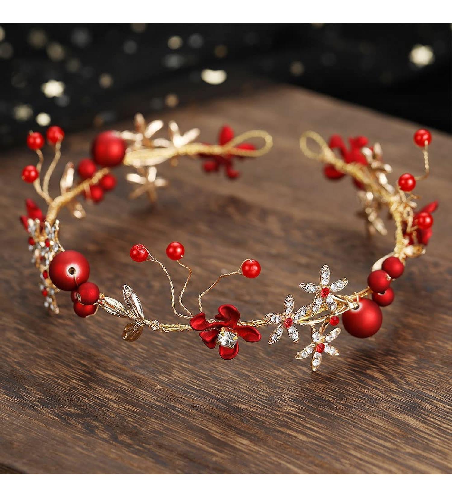 Drokit Red Flower Tiara Bridal Headpiece and Earrings Set - Wedding Hair Jewelry and Accessories - Buy Online on GoSupps.com