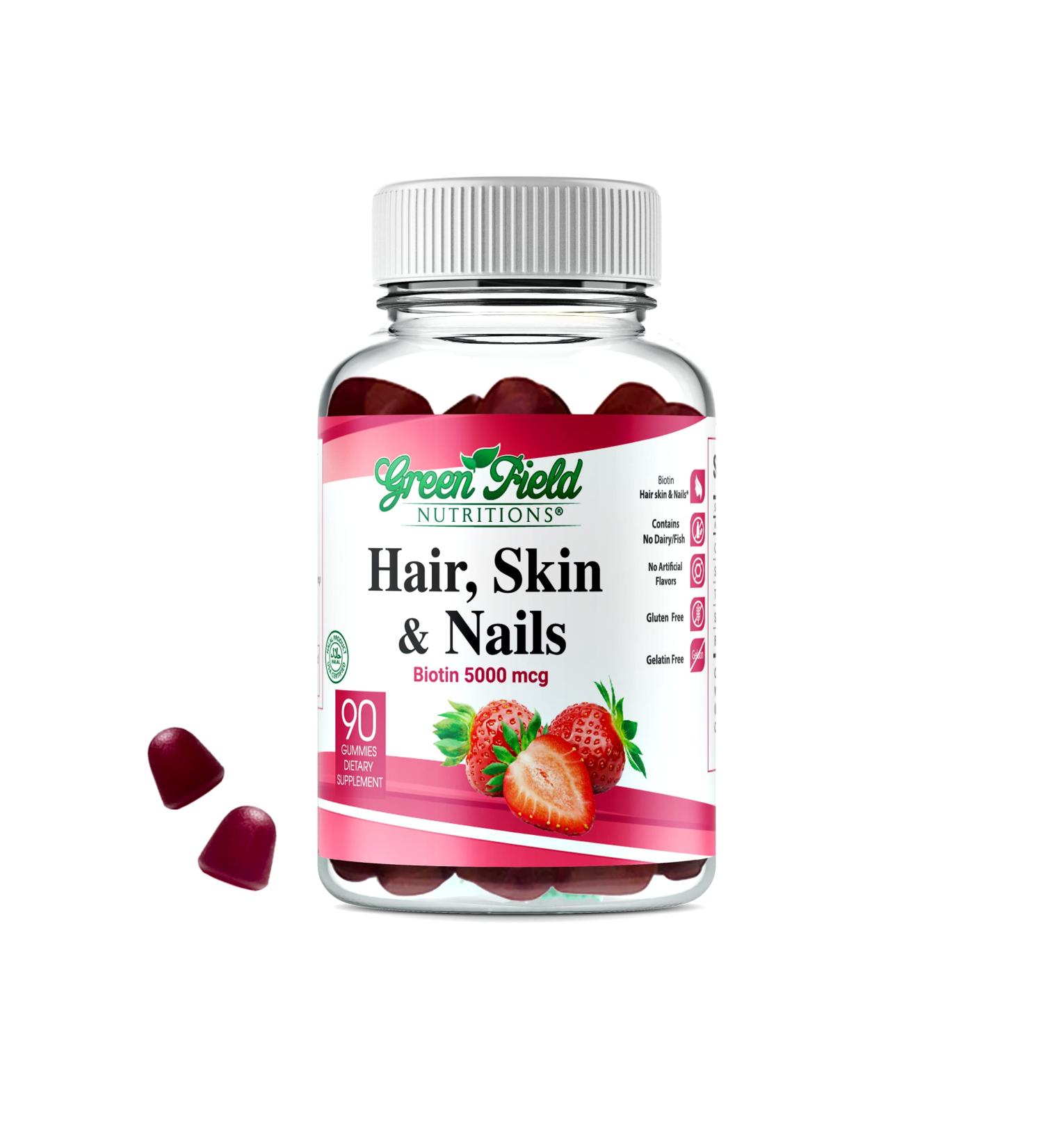 Greenfield Nutritions Halal Biotin Gummies - 90 Gummies for Hair, Skin & Nails | Supports Fat Metabolism & Hair Growth | Gelatin Free, Non-GMO & Gluten Free - Buy Online on GoSupps.com