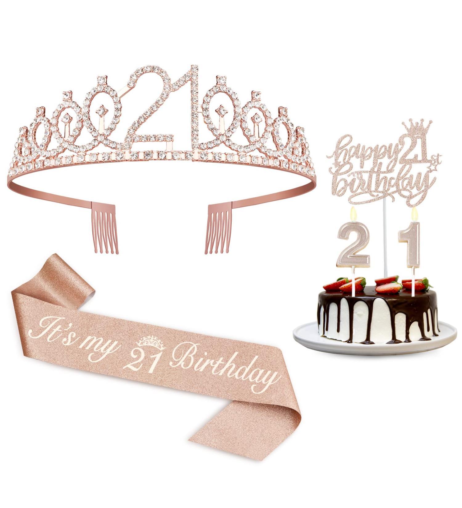 21st Birthday Decorations for Her - Sash, Cake Topper, Crown, Candles | Gift Set for Women - Buy Online on GoSupps.com