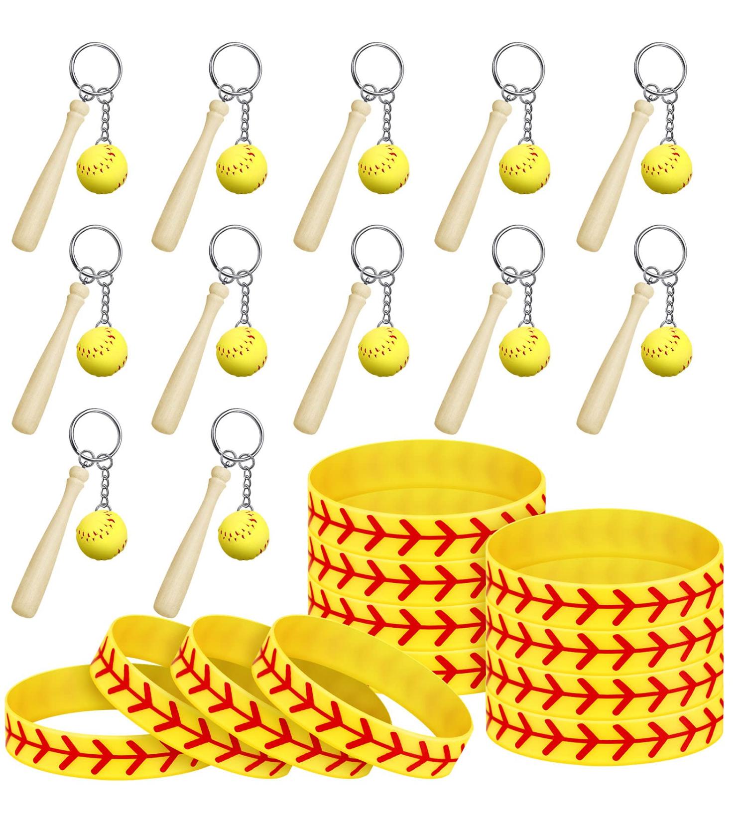 24-Piece Softball Charms Set - Yellow Softball Keychains with Wooden Bat & Silicone Bracelets for Athletes, Teams, Schools & Parties - Buy Online on GoSupps.com