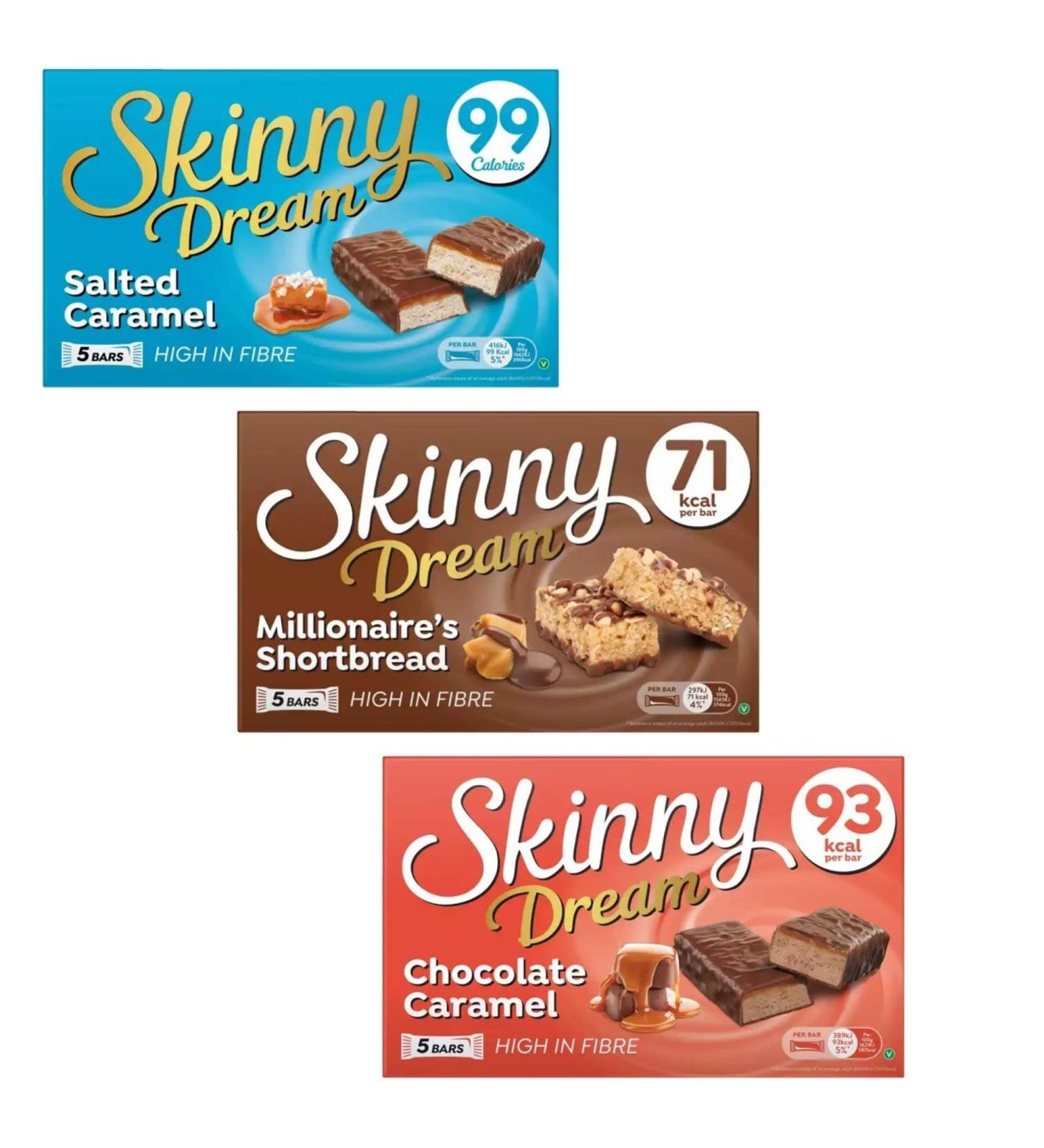 (3 Pack) Skinny Dream Guilt Free Bars | Millionaire's Shortbread | Chocolate Caramel | Salted Caramel | 15 Bars in Total.