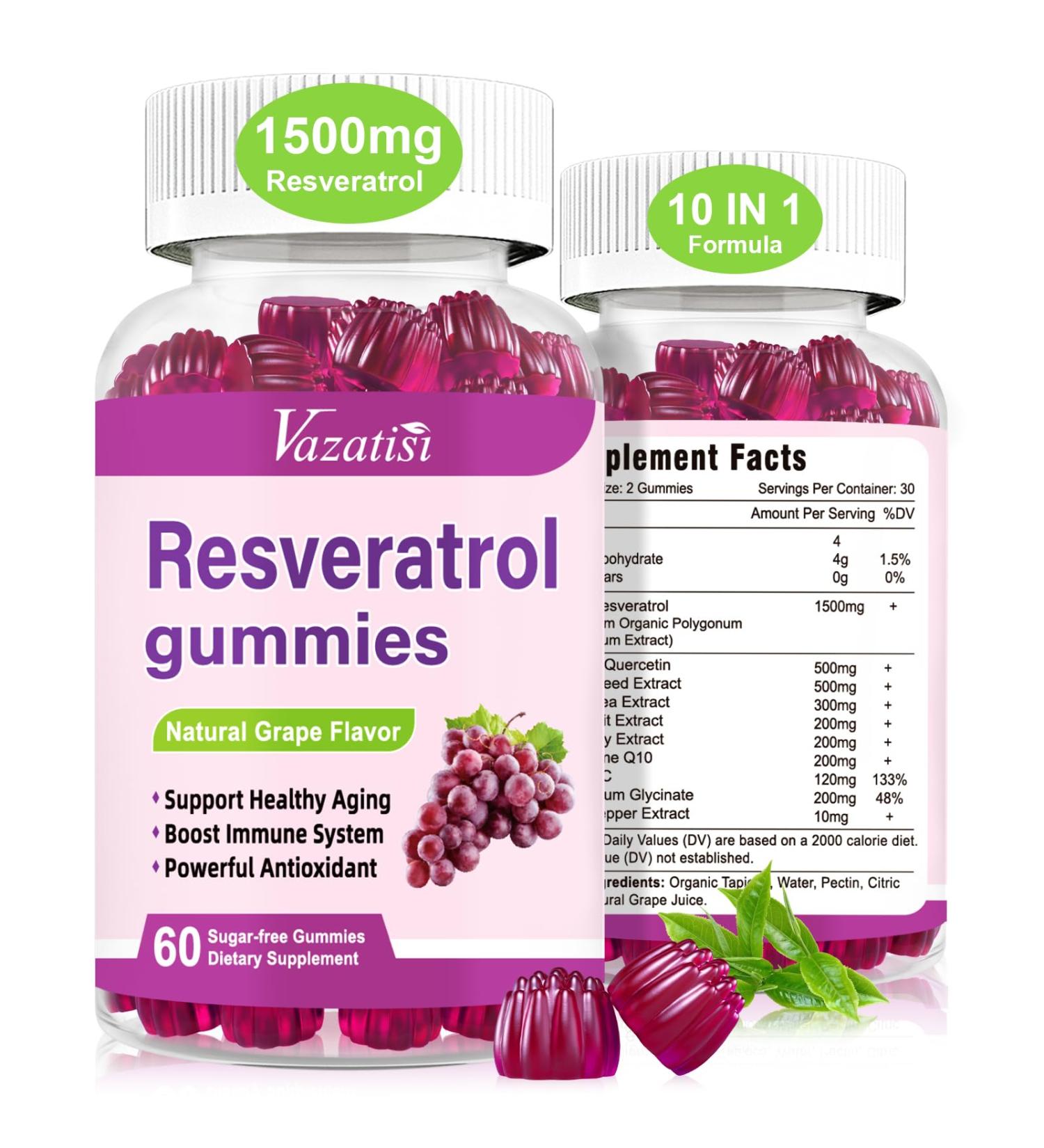 High Purity Resveratrol Gummies 98% Trans-Resveratrol with Quercetin Coq 10 Vitamin C Reservatrol Supplement for Antioxidant Anti-Aging 120 Gummies 60 Count (Pack of 2) - Buy Online on GoSupps.com