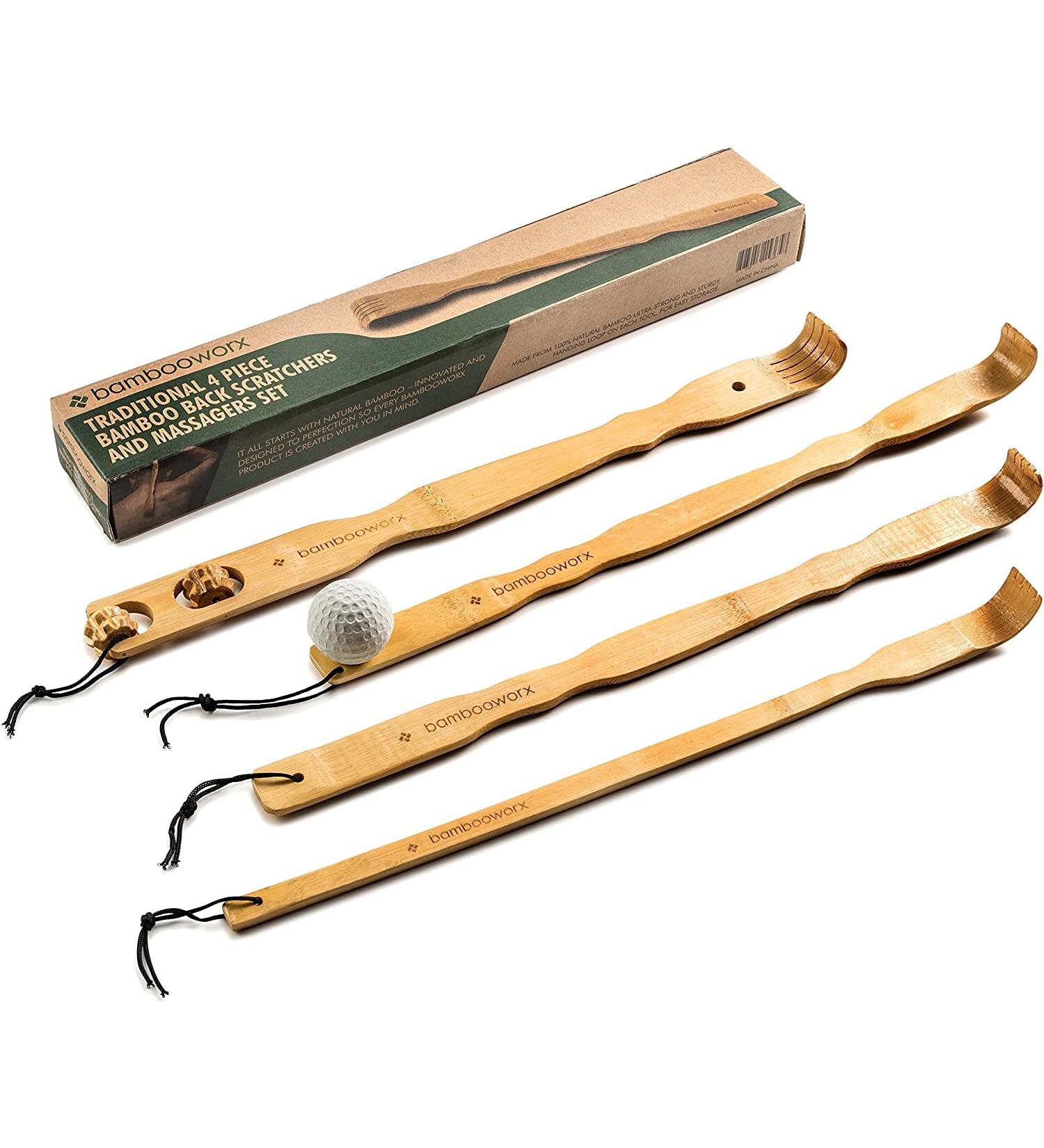 BambooWorx Traditional Wooden Back Scratcher Set - 4 Piece Body Massager for Itching Relief - 17.5 Long Handle - Strong & Sturdy for Men & Women - 100% Natural Wood - Buy Online on GoSupps.com