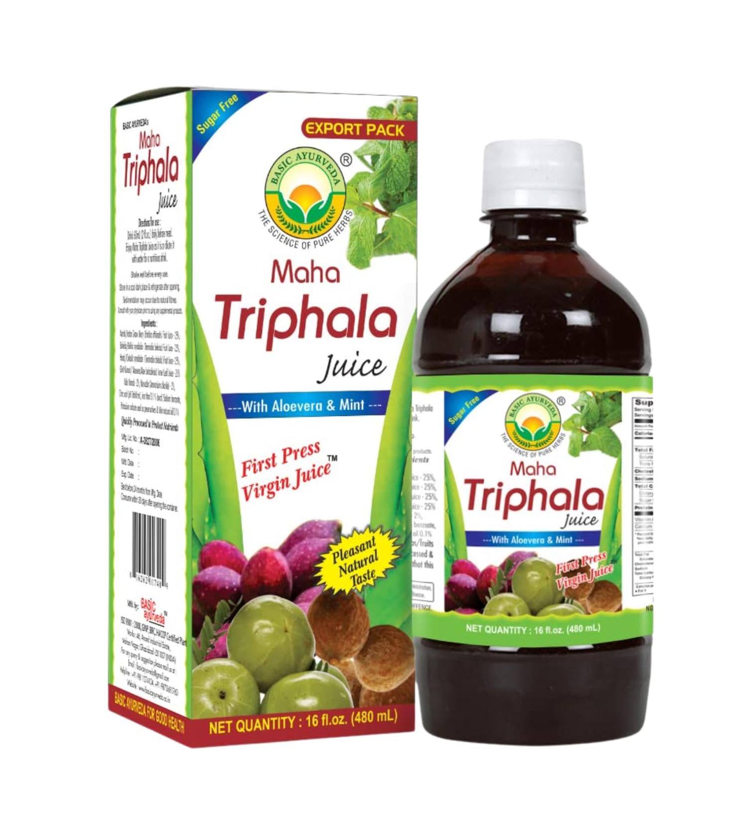 Basic Ayurveda Maha Triphala Juice with Aloe Vera & Mint 16 Fl Oz (480ml) | Natural Herbal Drink | First Press Virgin Juice | No Added Sugar | Great for Daily Use & Cleansing - Buy Online on GoSupps.com