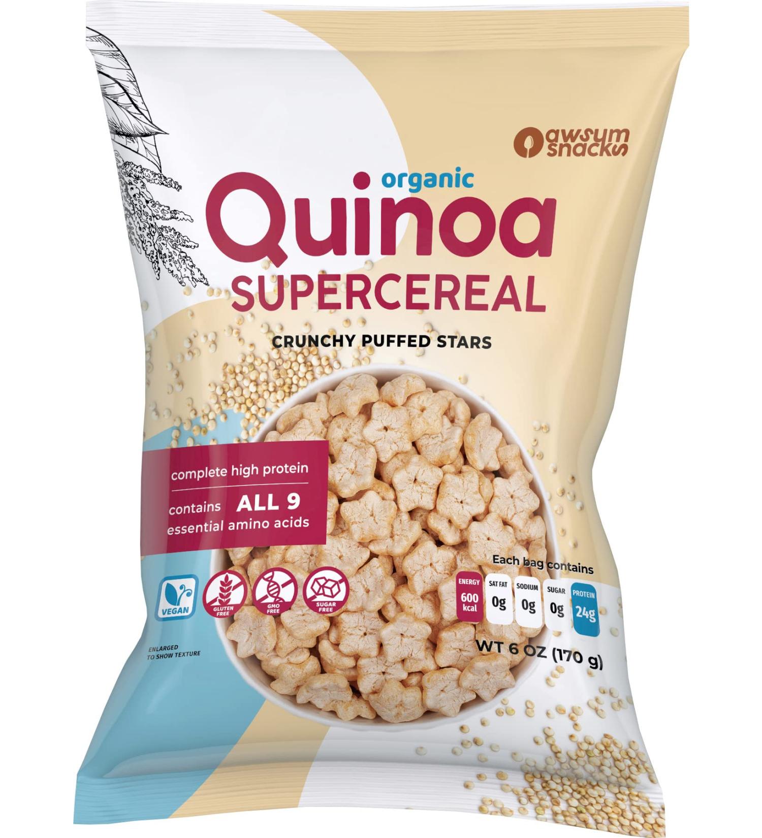 Awsum Snacks SUPERCEREAL 6oz Bag - Vegan, Gluten-Free, Sugar-Free Cereal - Puffed Quinoa - Diabetic Kosher Healthy Snack (3 Packs) - Buy Online on GoSupps.com