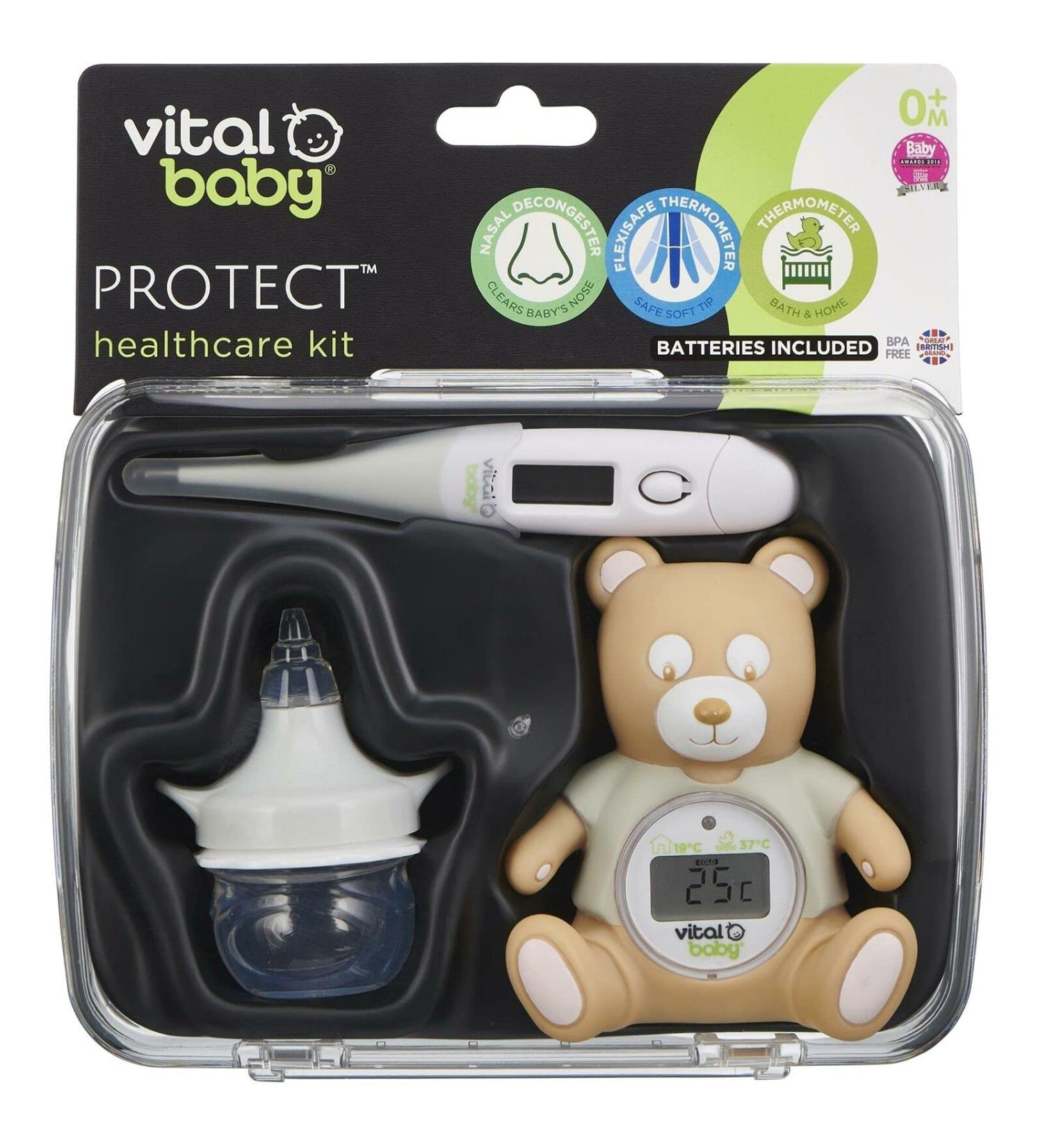 Vital Baby PROTECT Healthcare Kit for Baby - 3pcs Room and Bath Thermometer Nasal Aspirator Body Digital Thermometer Essential Newborn Baby Health and Safety