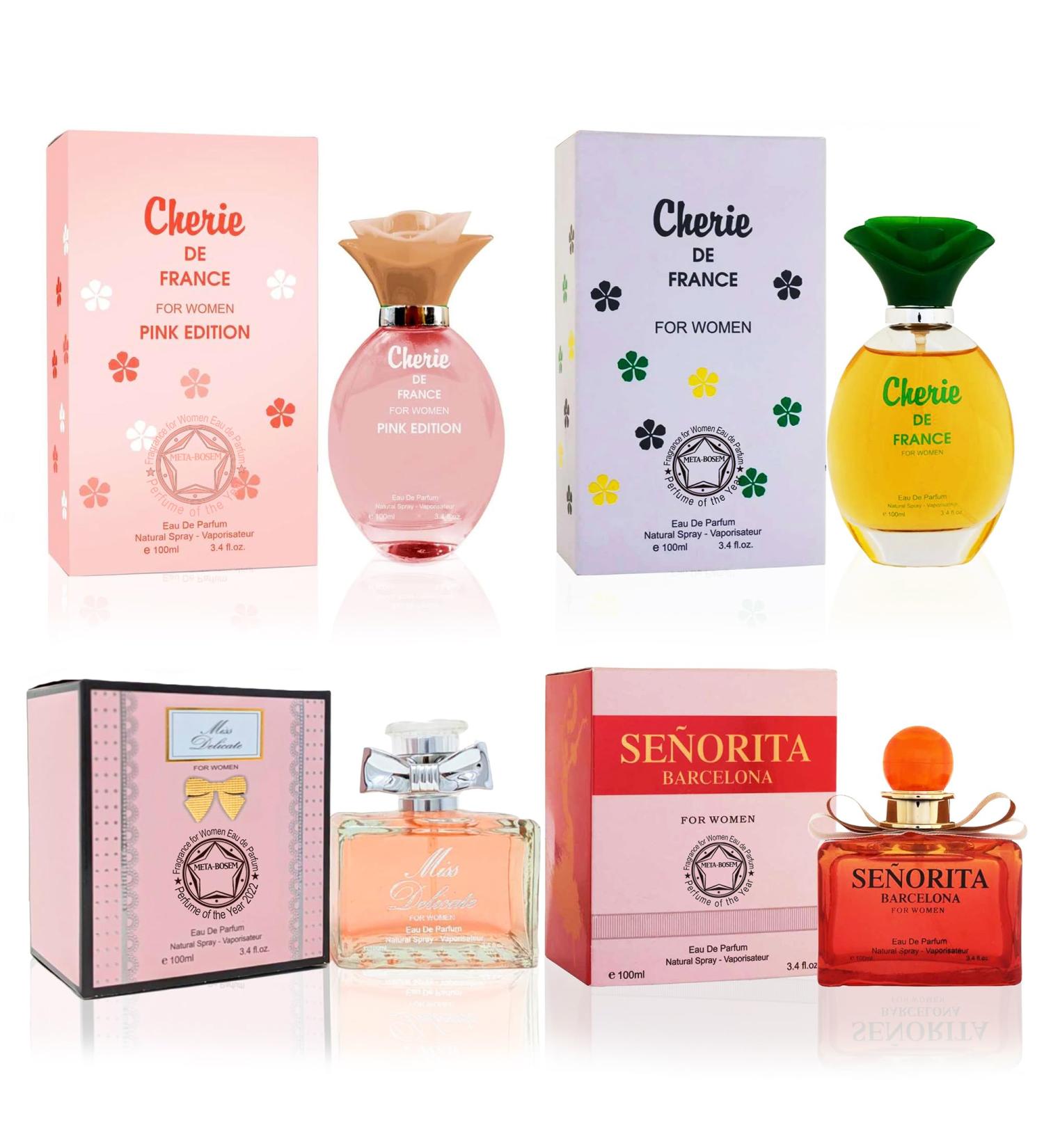 META-BOSEM Cherie&Senorita 4-Pc Perfume Set Collection for Women - Fragrance Bottles for Ladies Eau de Parfum Spray - Sweet Floral Scent (Pack of 4) Each 3.4 Fl Oz Total 13.60 Fl Oz - Buy Online on GoSupps.com