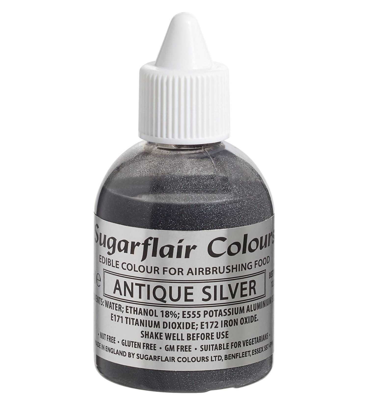 Sugarflair Antique Silver Metallic Glitter Edible Airbrush Colour - Edible Food Colouring Airbrush Paint for Cakes Cupcakes Icing and Cake Decorations - 60ml Glitter Antique Silver