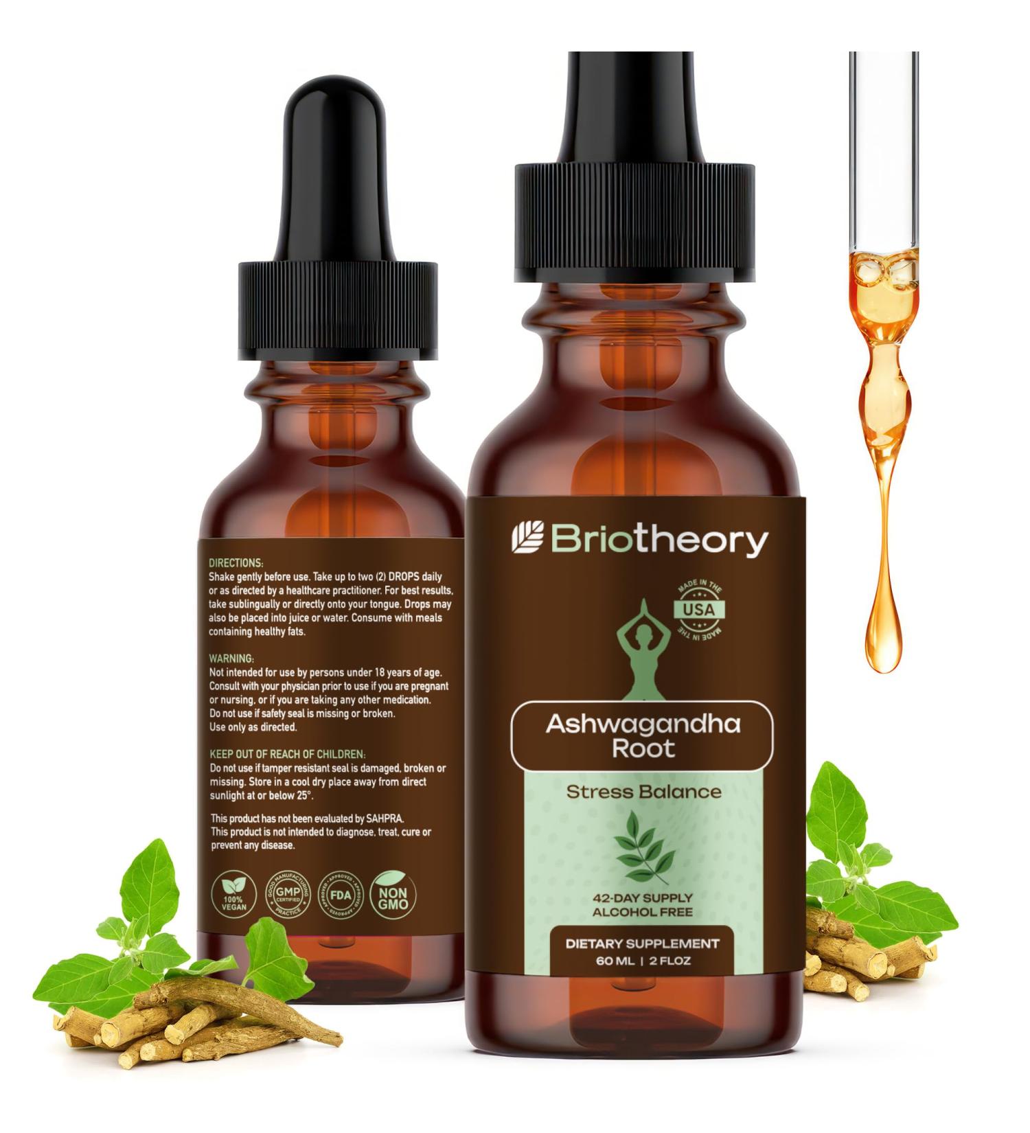 BRIOTHEORY Ashwagandha Root Extract Tincture Liquid Drops Herbal Supplement for Stress & Sleep Support Alcohol-Free Vegan Non-GMO 60 ml (30 Days Supply) - Buy Online on GoSupps.com