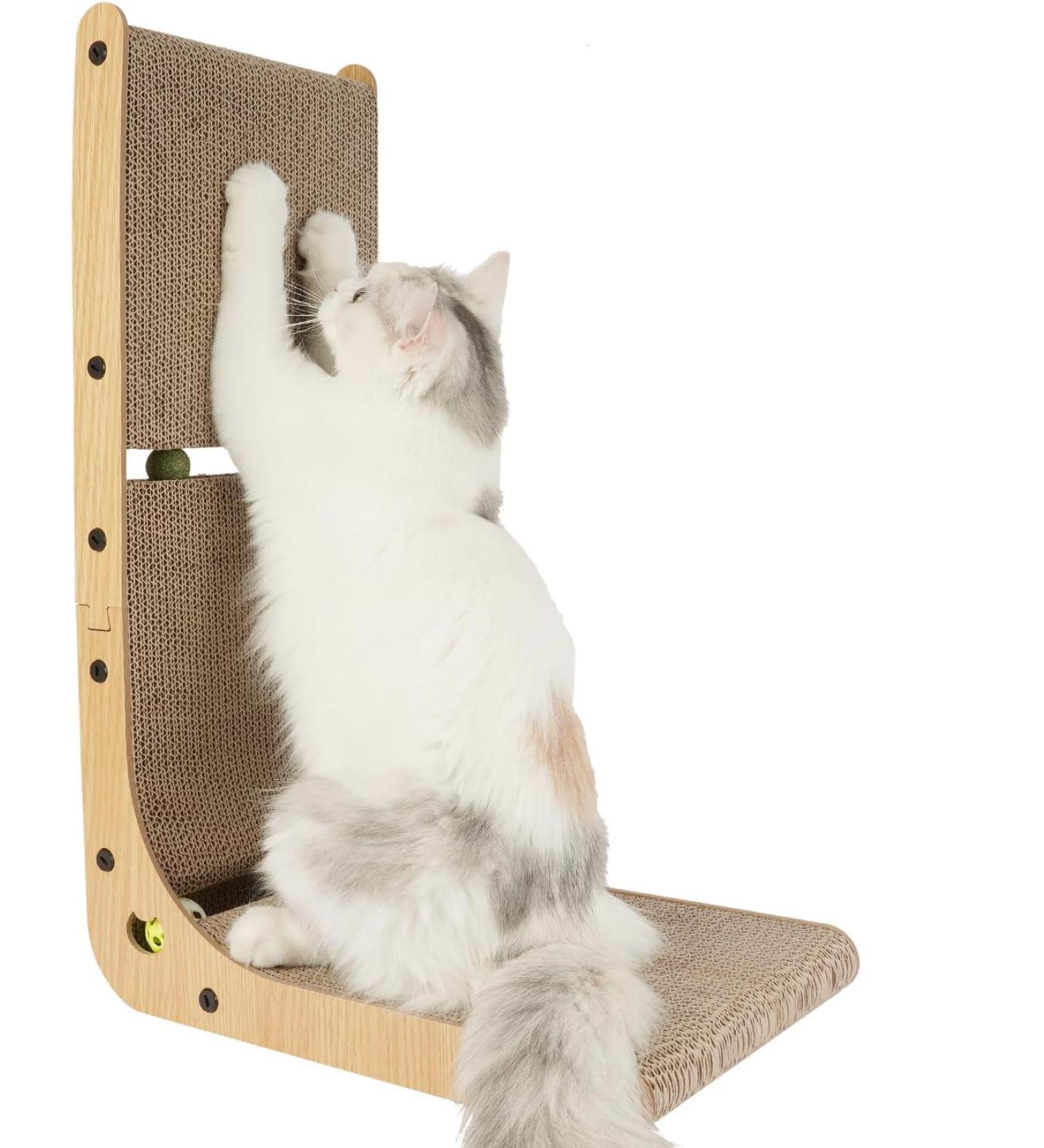 TATAPO L Shape Cat Scratcher 26.8 inch Large Size Vertical Cat Scratching Board Cat Scratchers for Indoor Cats Protecting Furniture Cat Scratch Pad Cardboard Cat Scratching with Ball Toy Wood Color - Buy Online on GoSupps.com