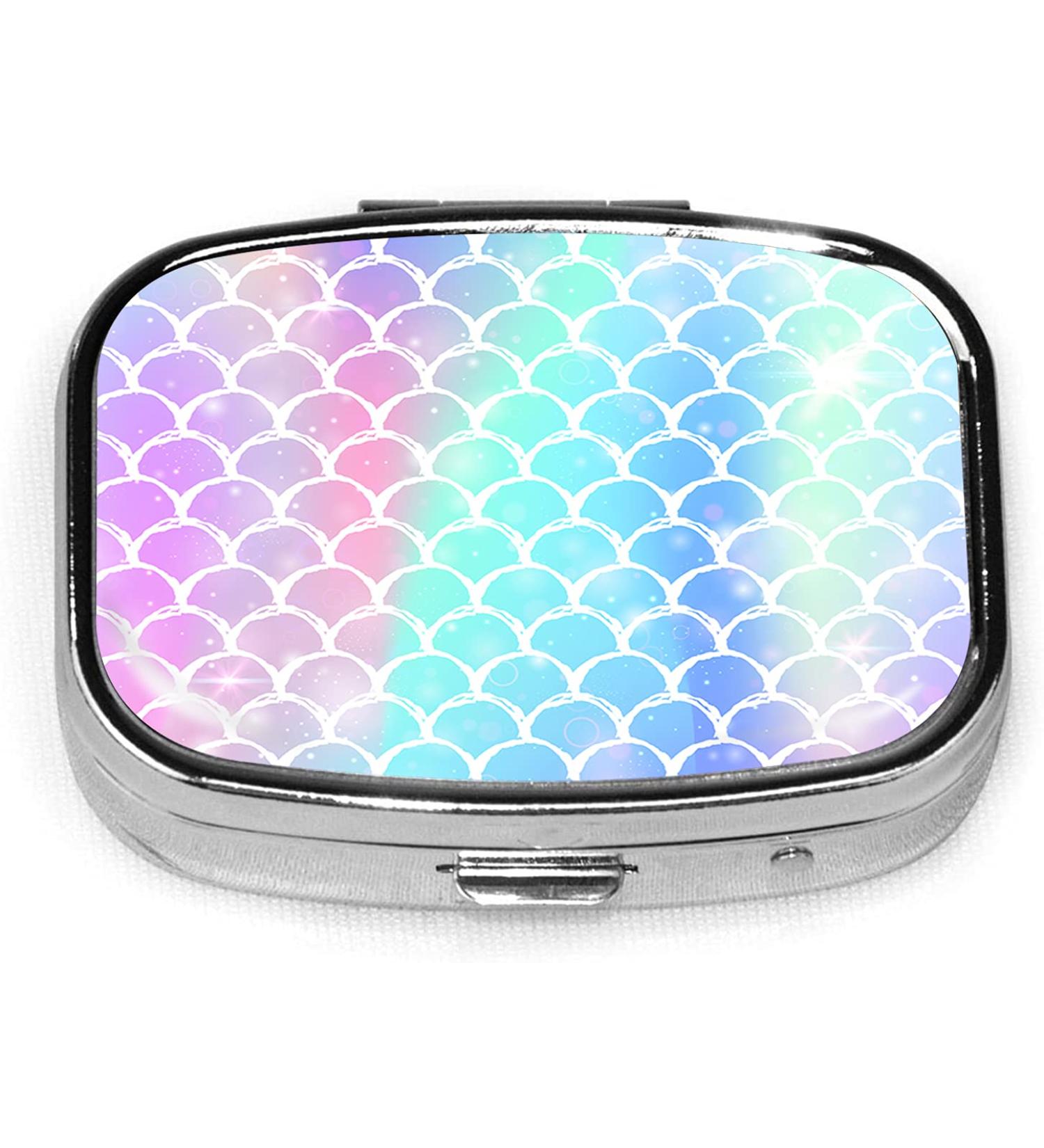 Travel Pill Cases with Mirror - Small Portable 2 Compartment Tablet Holder Wallet Organizer - Colorful Mermaid Scale Design - Buy Online on GoSupps.com