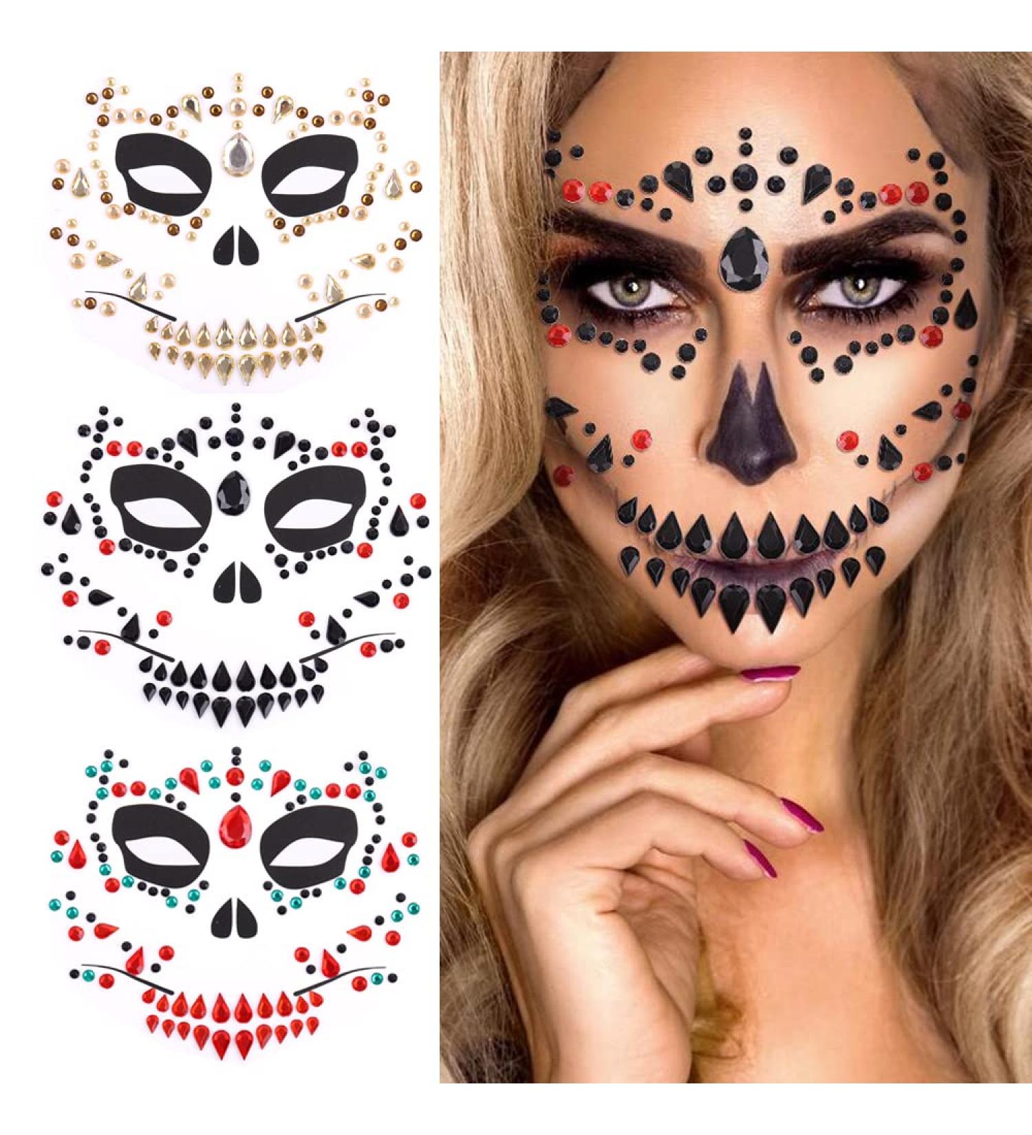 Skull Ghost Face Jewels Temporary Tattoos - Halloween Rhinestone Fake Tattoos for Cosplay Party - 3 Sheet Set - Buy Online on GoSupps.com