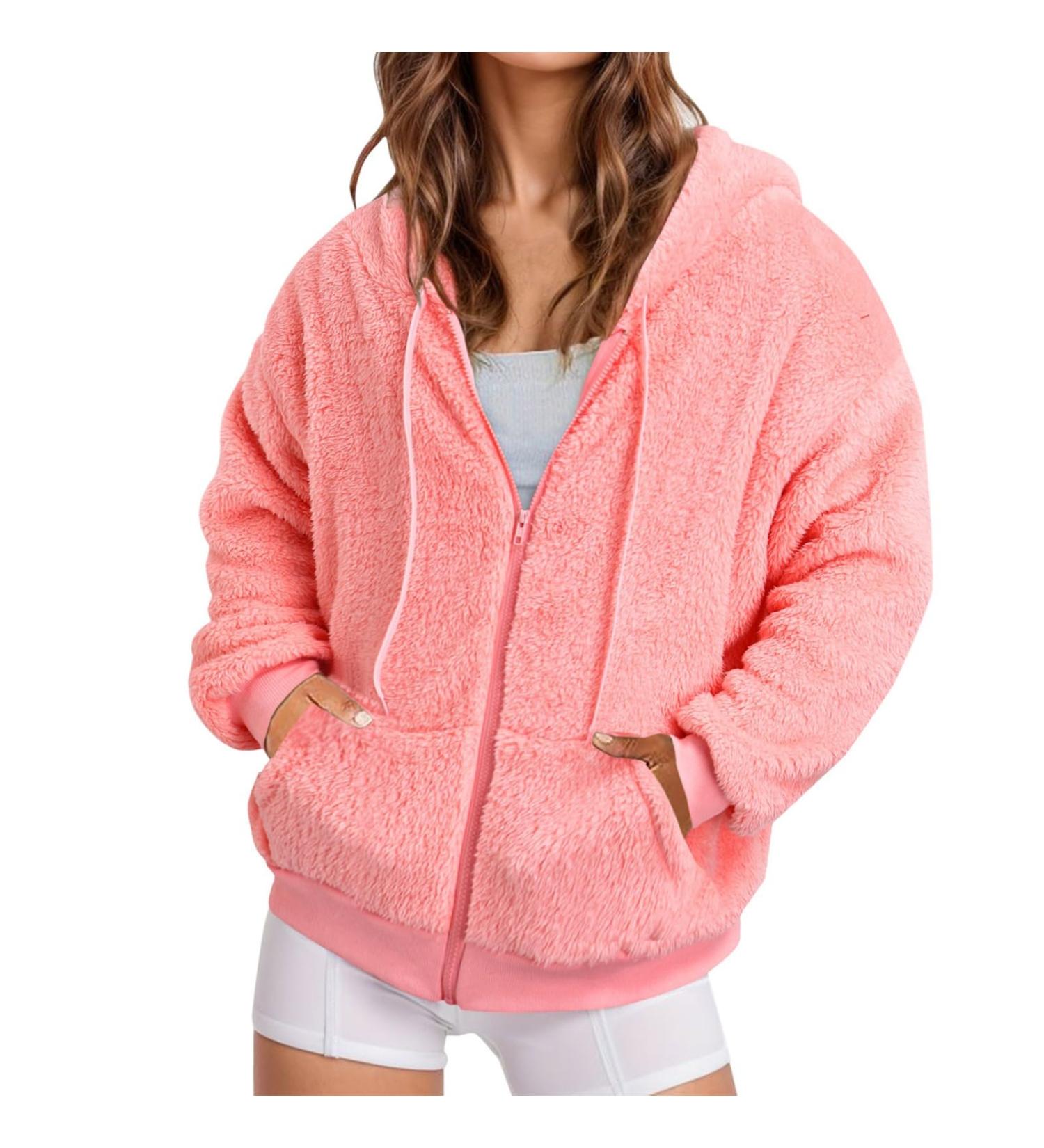 Hanxiulin Oversized Plush Jacket for Women | Warm Fleece Lined Cardigan & Transition Trench Coat | Premium Outdoor Fur Coat in XL Pink - Buy Online on GoSupps.com