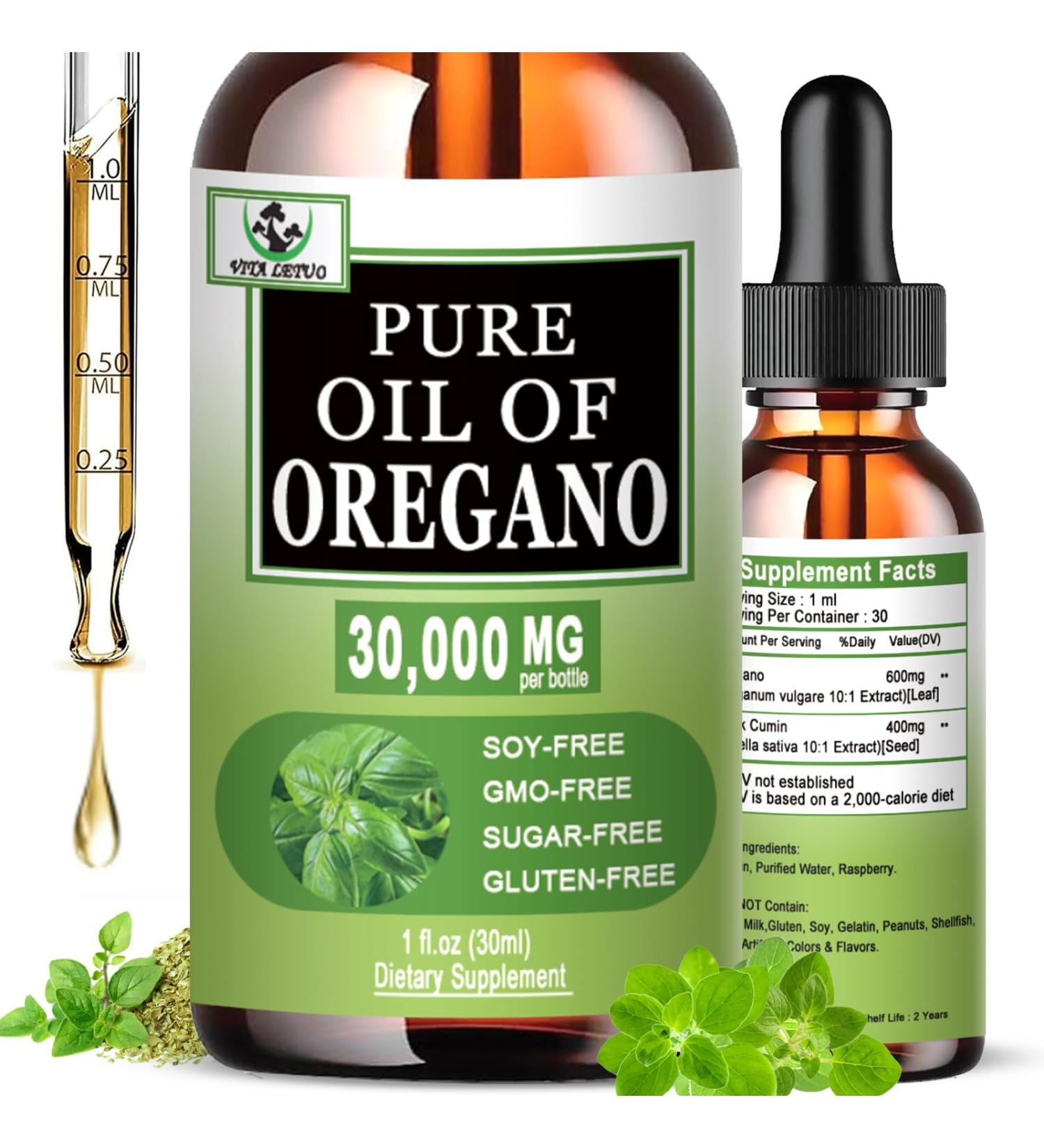 Vita letuo Oregano Oil Drops 30000mg Organic Oil of Oregano with Black Seed Oil for Immune Digestive Support High Absorption Aceite de Oregano for Seasonal Support Non-GMO Gluten Free - Buy Online on GoSupps.com