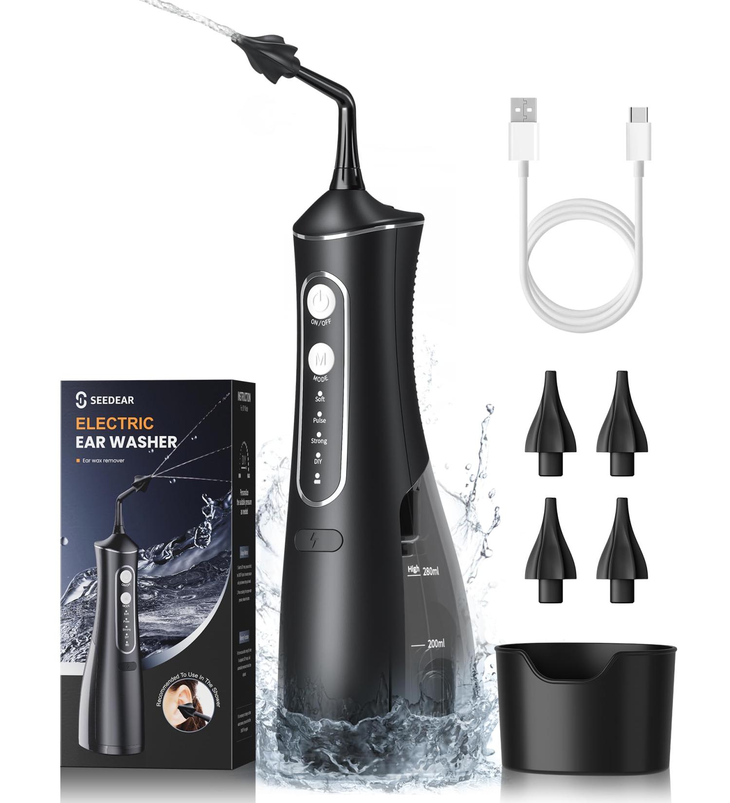 Electric Ear Wax Removal Kit, Ear Wax Cleaner with 4 Water Pressure Modes, Ear Cleaning Kit Safer and More Effective Ear Irrigation Flushing System (Light Black, Medium(300ml)) Medium(300ml) Light Black - Buy Online on GoSupps.com