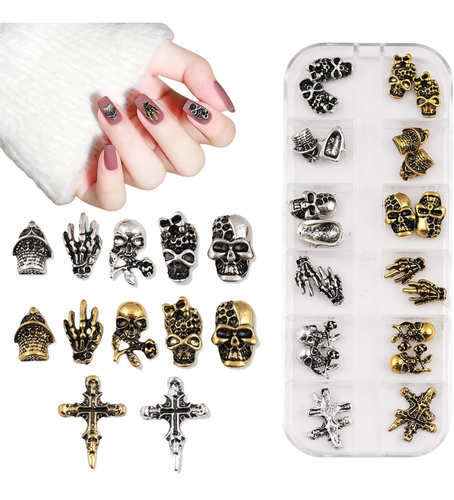 3D Halloween Nail Art Charms 1Box 12Grids Skull Ghost Hand Tombstone Cross Alloy Nail Art Jewelry Decoration Gold Silver Nail Gems Rhinestones Nail Supplies for Nail Design DIY Crafts (A Pattern) - Buy Online on GoSupps.com
