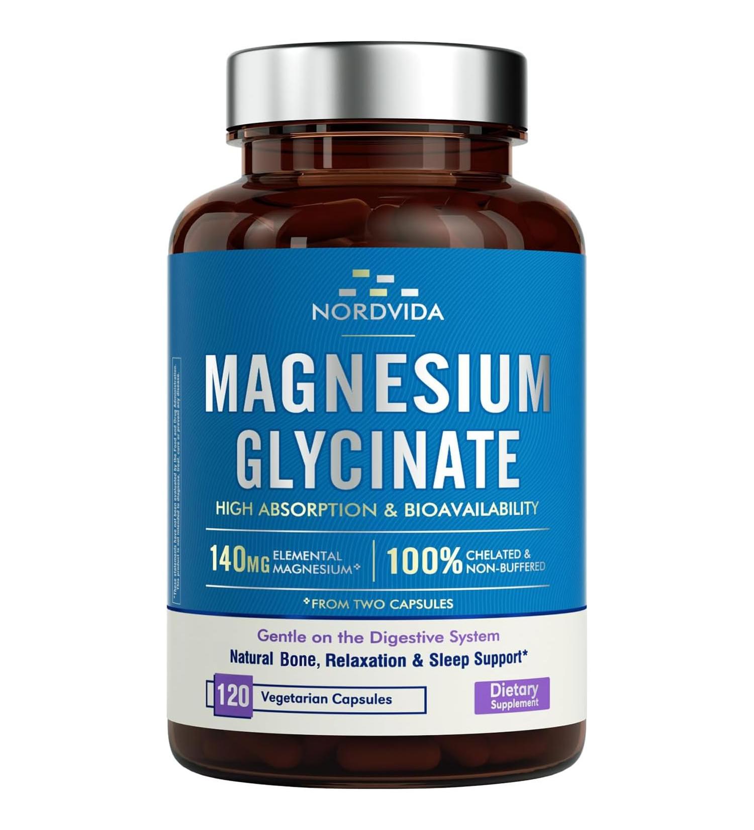 NordVida Magnesium Glycinate, 140 mg Elemental Magnesium Per Serving, Non Buffered, Max Absorption, Nerve Health & Relaxation Support, 120 Vegetarian Caps - Buy Online on GoSupps.com