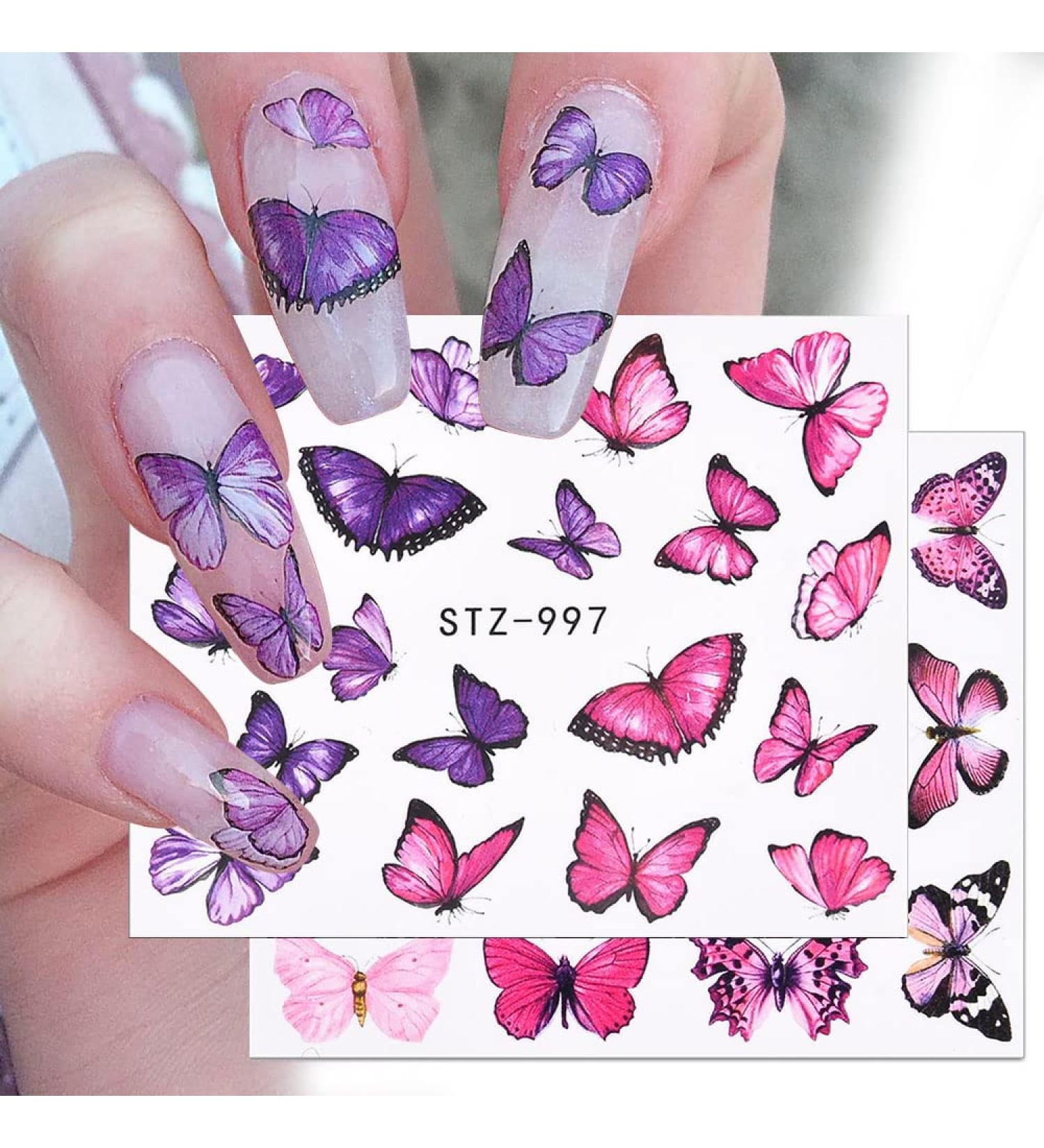 Spring Summer Butterfly Nail Stickers Water Transfer Decals - Pink Purple Exquisite Design (12 Sheets) - Buy Online on GoSupps.com