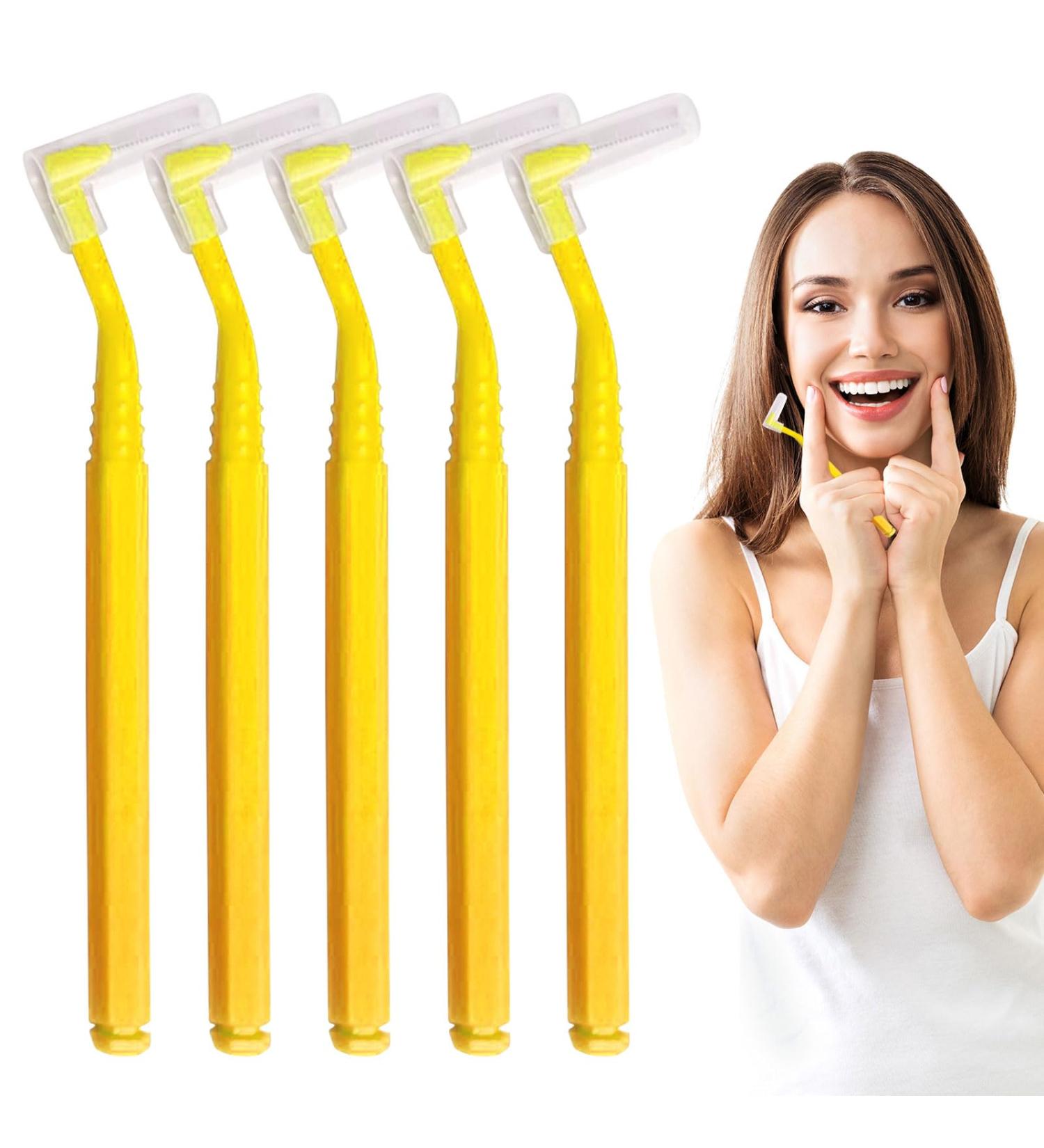 SKHAOVS 40pcs L-Shaped Interdental Brushes 0.7mm - Long Handle, Portable Oral Tooth Clean, Plaque Removal - Yellow - Buy Online on GoSupps.com