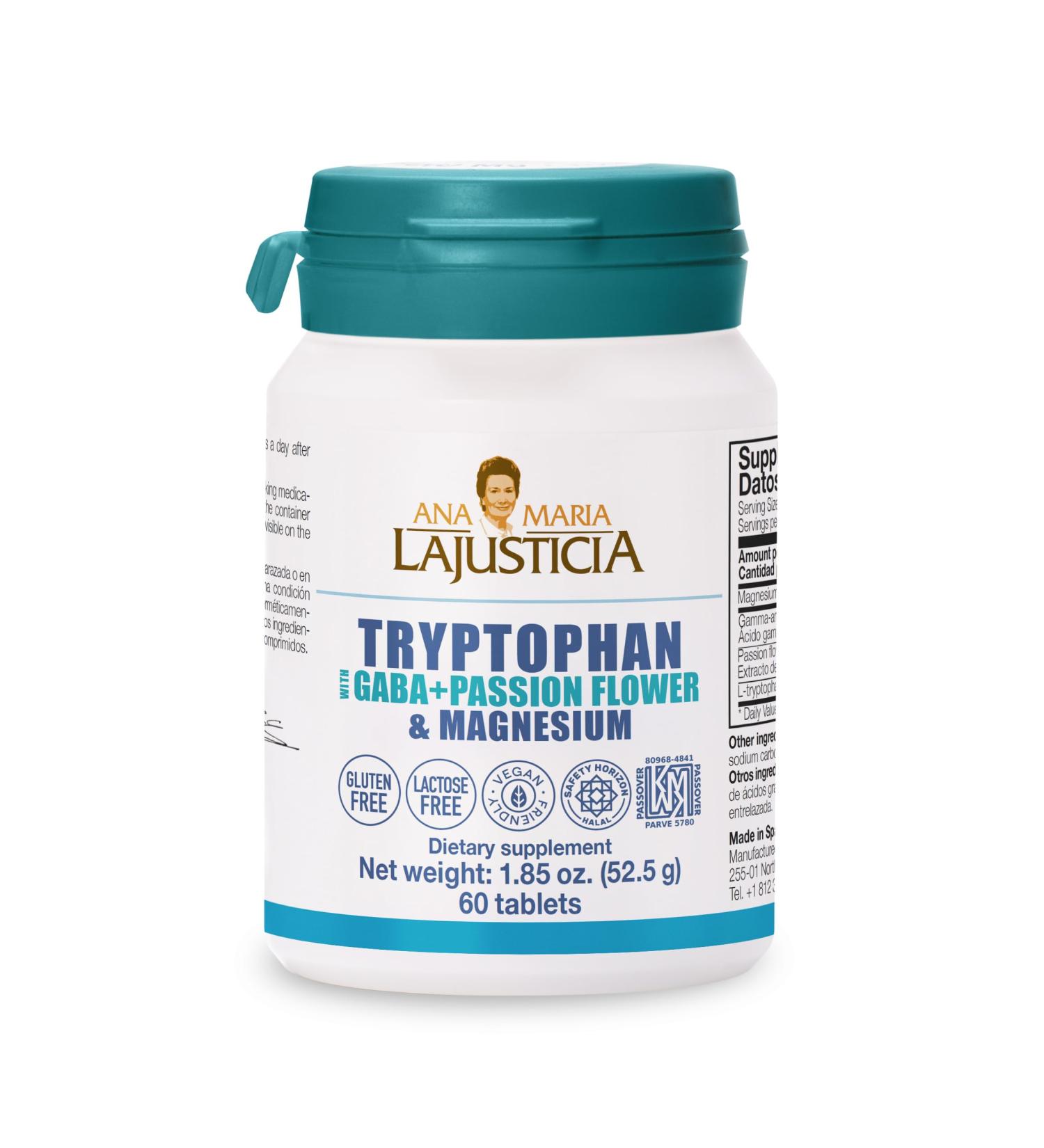 Ana Mar a Lajusticia Tryptophan with GABA and Passion Flower & Magnesium - Kosher - Halal - Vegan - Gluten Free - Supports Nervous System - Buy Online on GoSupps.com