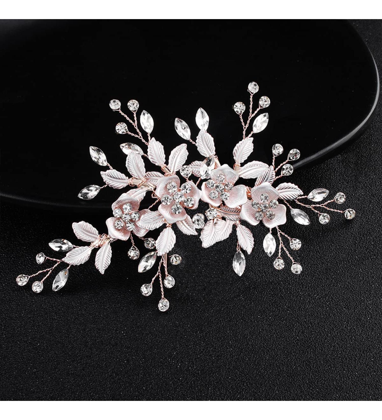 Rose Gold Rhinestone Leaf Wedding Hair Clip - Bridal Headpiece for Brides and Bridesmaids - Buy Online on GoSupps.com
