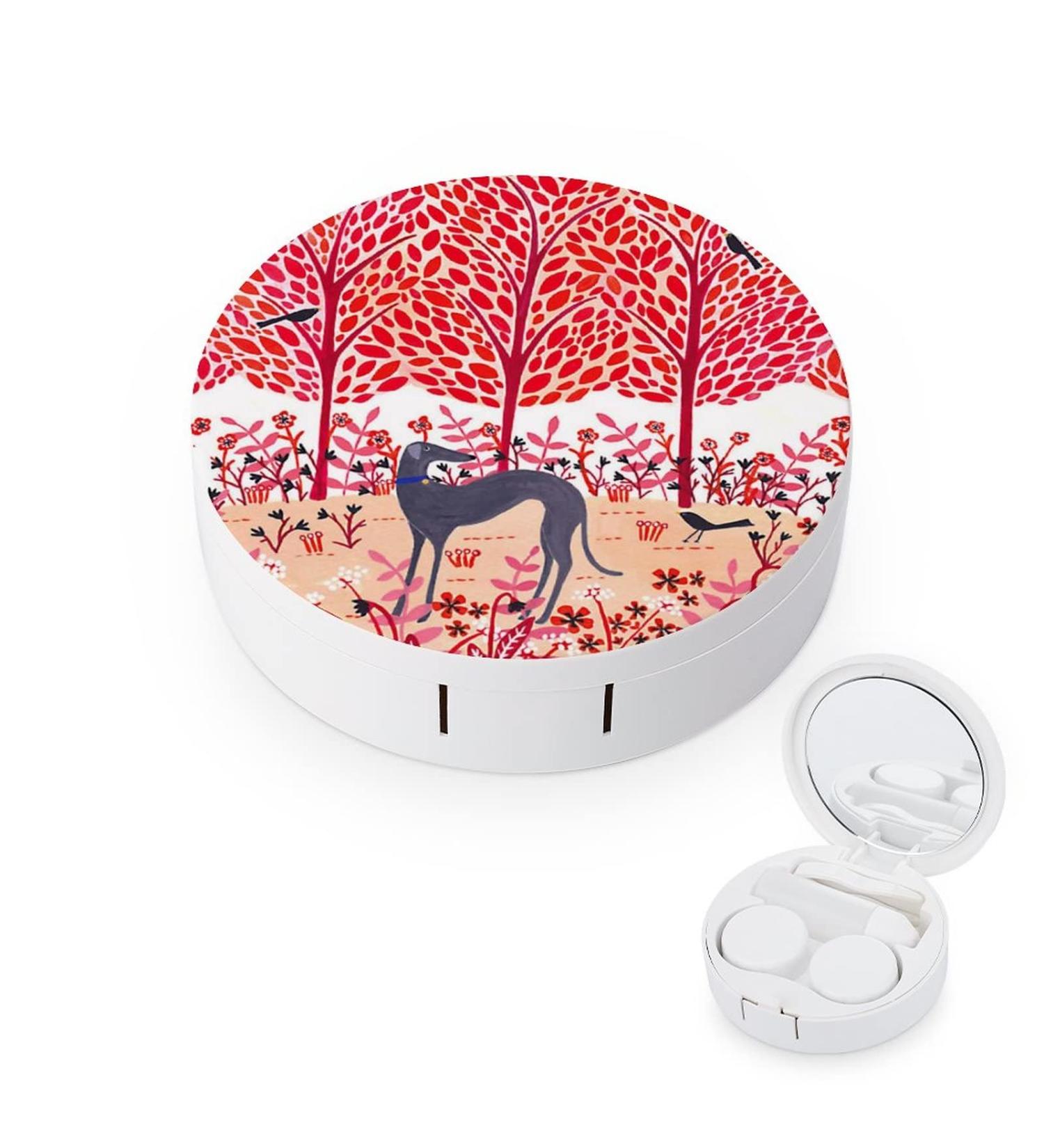 Autumn Greyhound Dog Pink Round Case For Contact Lens Kit Storage Box with Mirror Printed - Buy Online on GoSupps.com