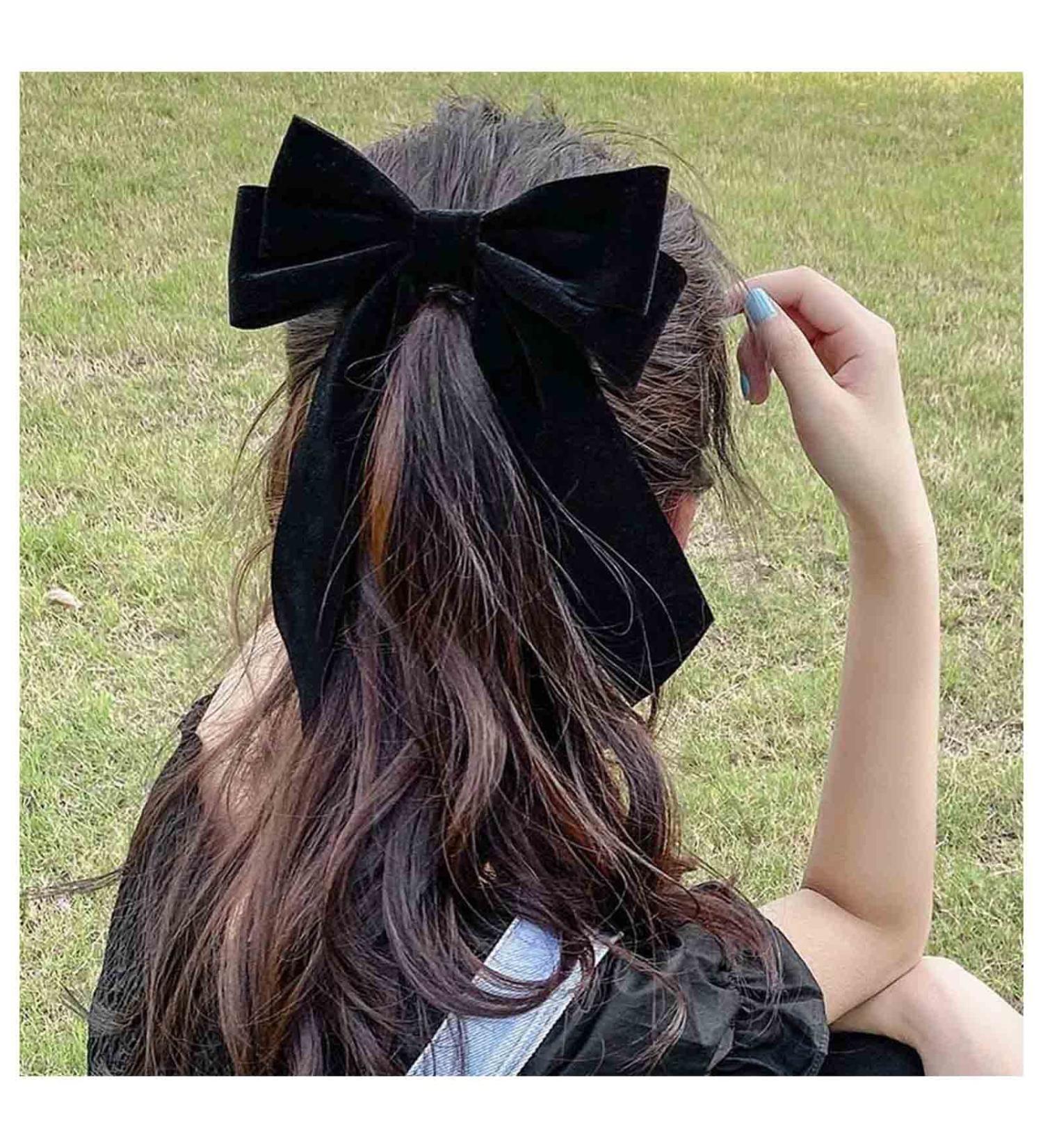 Inilbran Vintage Black Velvet Bow Hair Clip with Long Satin Tail | French Bowknot Barrette for Women - Buy Online on GoSupps.com