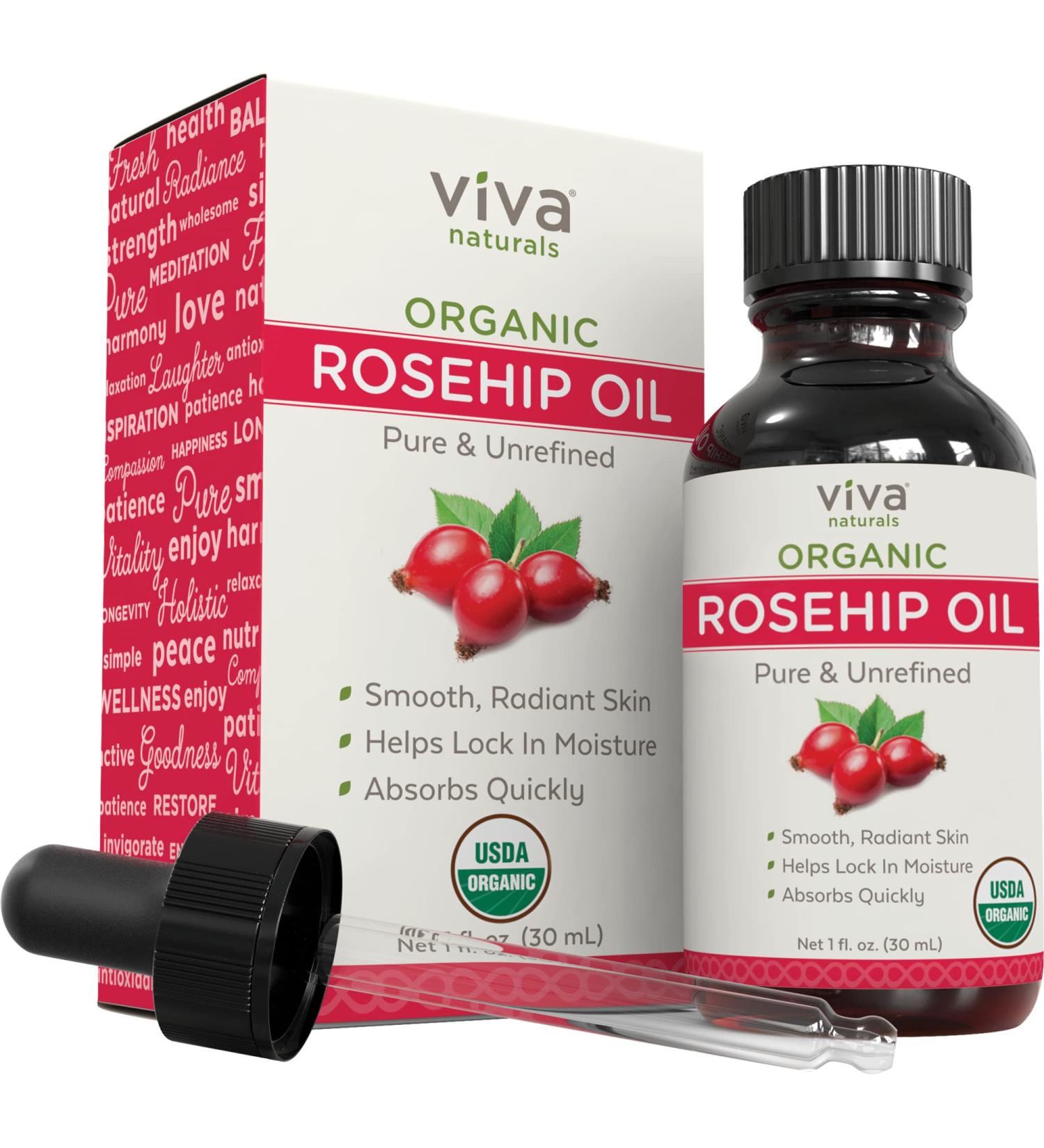 Viva Naturals Organic Rosehip Seed Oil (1 fl oz) - 100% Pure Cold Pressed Moisturizing Oil for Face, Hair, Skin & Nails | Non-GMO - Buy Online on GoSupps.com
