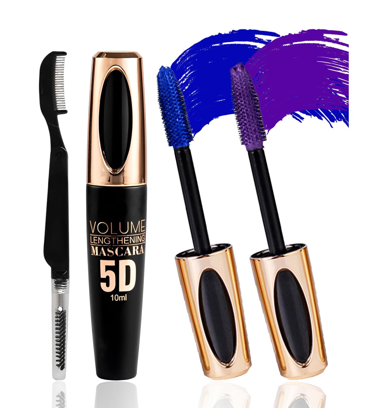 Blue Purple Waterproof Mascara for Eyelashes 5D Silk Fiber Liquid Lash Extensions Colored Mascara with Folding Eyelash Comb Brush Volumizing and Thick Smudge-proof Long Lasting Party Stage Use Blue+purple - Buy Online on GoSupps.com