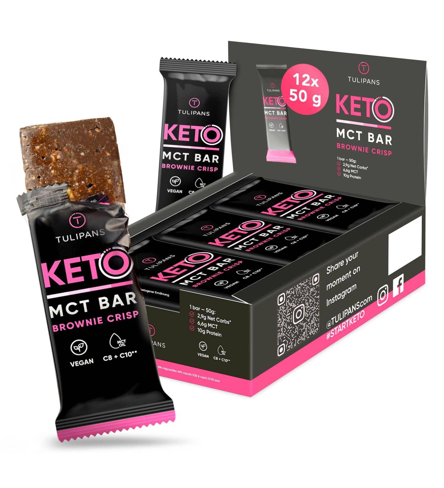 Buy Tulipans Brownie Crisp Mc Keto Bar | 12x50g Protein Bars | Low Carb Keto Snack with MCT Oil | Delicious Ketogenic Diet Treat - Buy Online on GoSupps.com