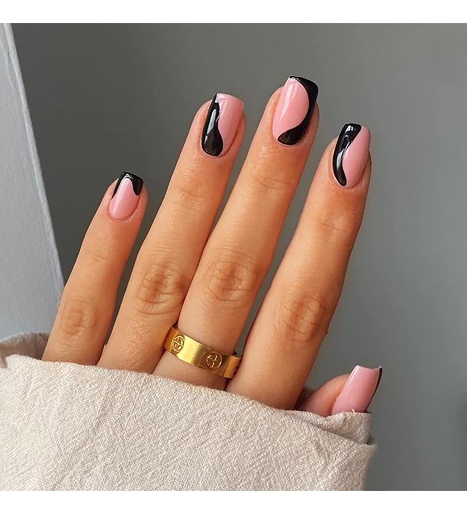 24 Pcs Short Coffin Press On Nails - Black Graffiti Acrylic Fake Nails with Glue for Women & Girls - Buy Online on GoSupps.com