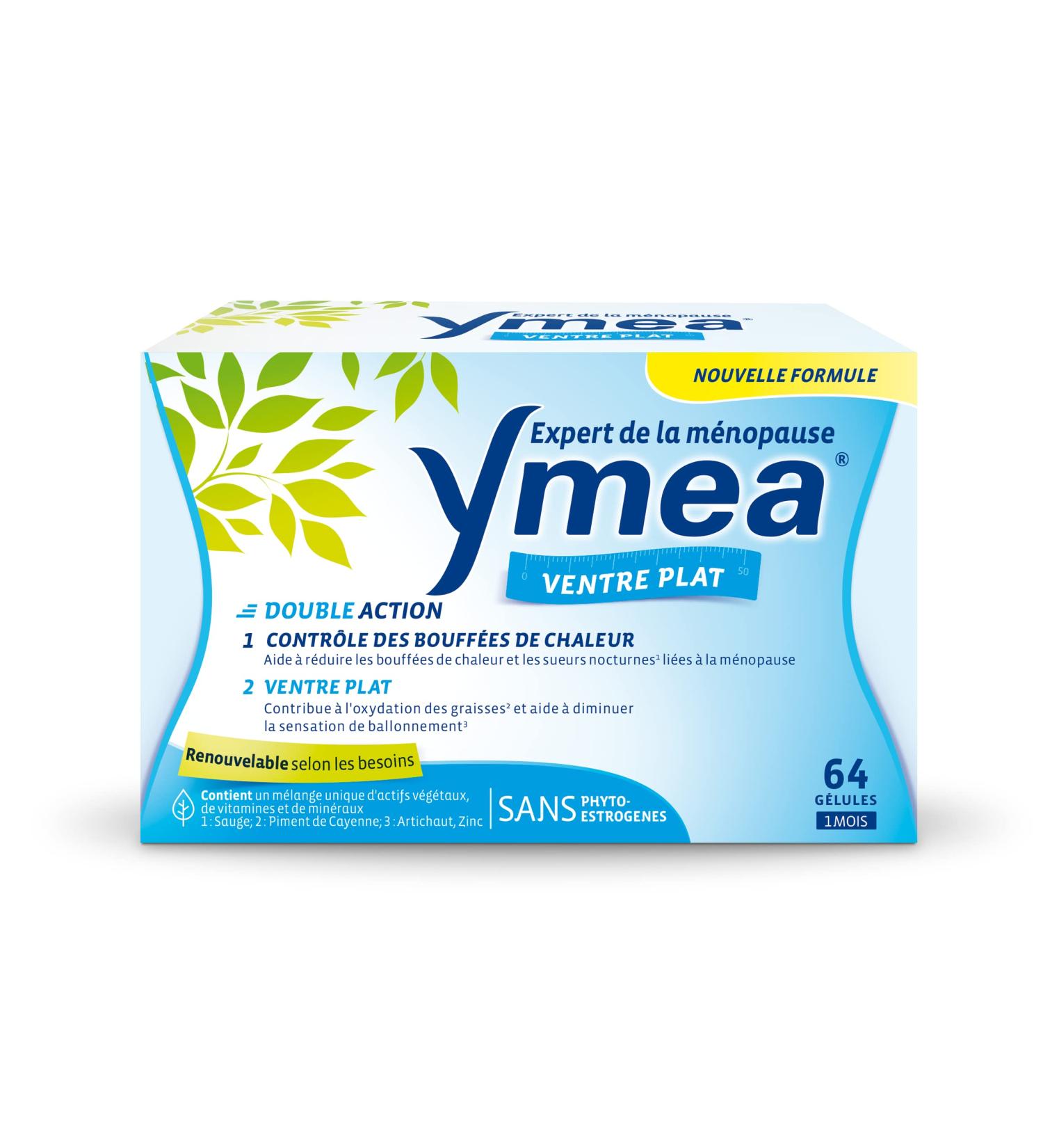 Ymea Flat Stomach - Menopausal Food Supplement(1) - Plant actives vitamins and minerals - hot flashes control (1) and flat stomach(2.3) - 64 capsules - 1 month - Buy Online on GoSupps.com