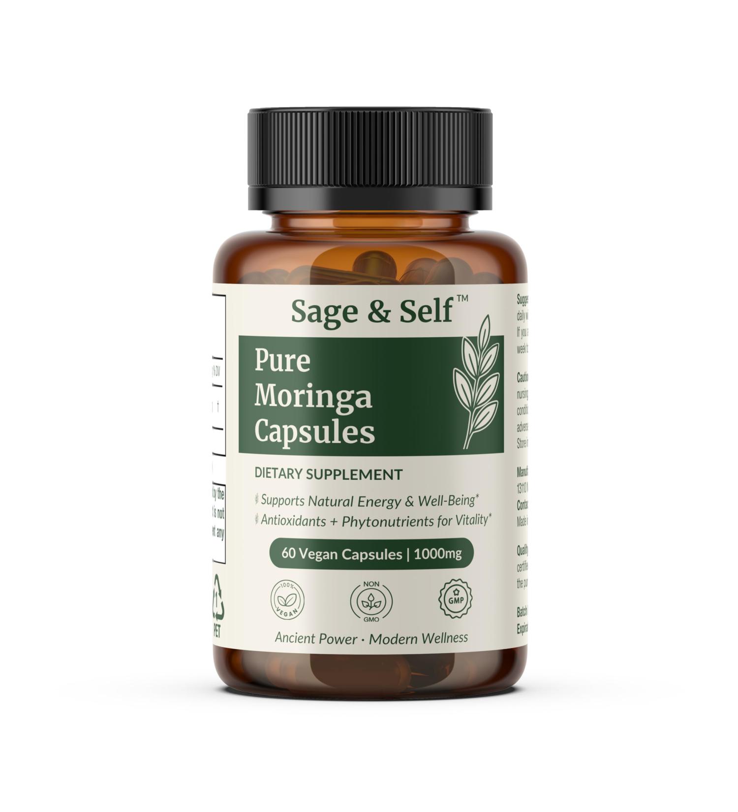 Sage & Self Pure Moringa Capsules Moringa Leaf Powder for Natural Energy & Daily Wellness Vegan Herbal Supplement (60 Capsules) - Buy Online on GoSupps.com