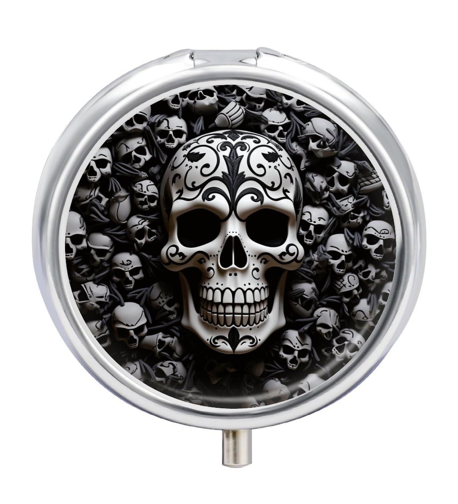 Round Black & White Skulls Pill Box - 3 Compartment Decorative Metal Organizer for Pills - Portable Pocket Case - Buy Online on GoSupps.com