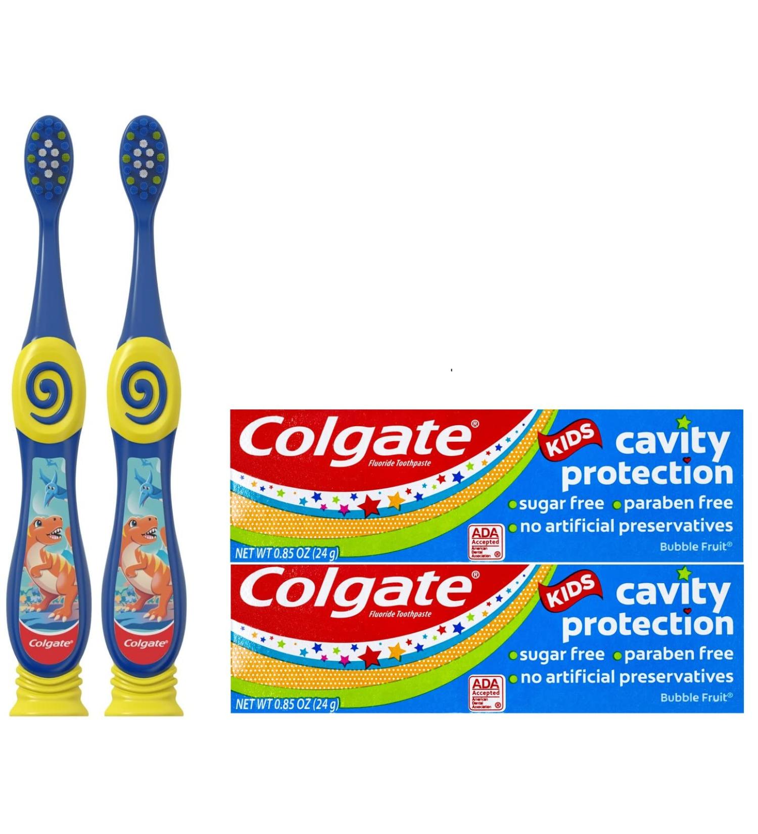 Colgate Dinosaur Toothbrush & Kids Fluoride Toothpaste Bundle | Extra Soft Bristles | Ages 2-5 | Cavity Protection | Bubble Fruit Flavor | 2 Pack - Buy Online on GoSupps.com