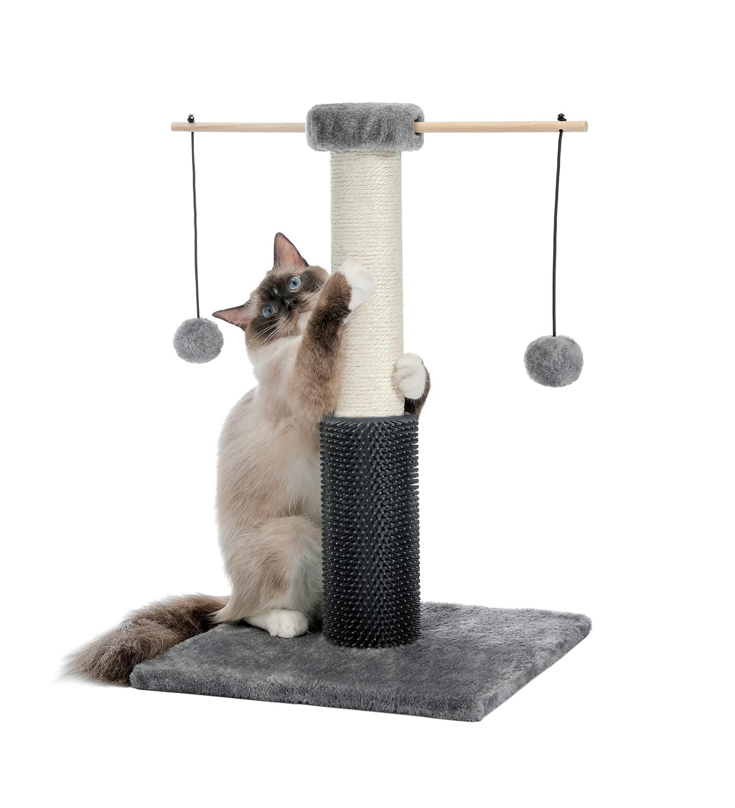 PEQULTI Cat Scratching Post with Sisal Rope, Brush, and Pompom - Grey - Buy Online on GoSupps.com