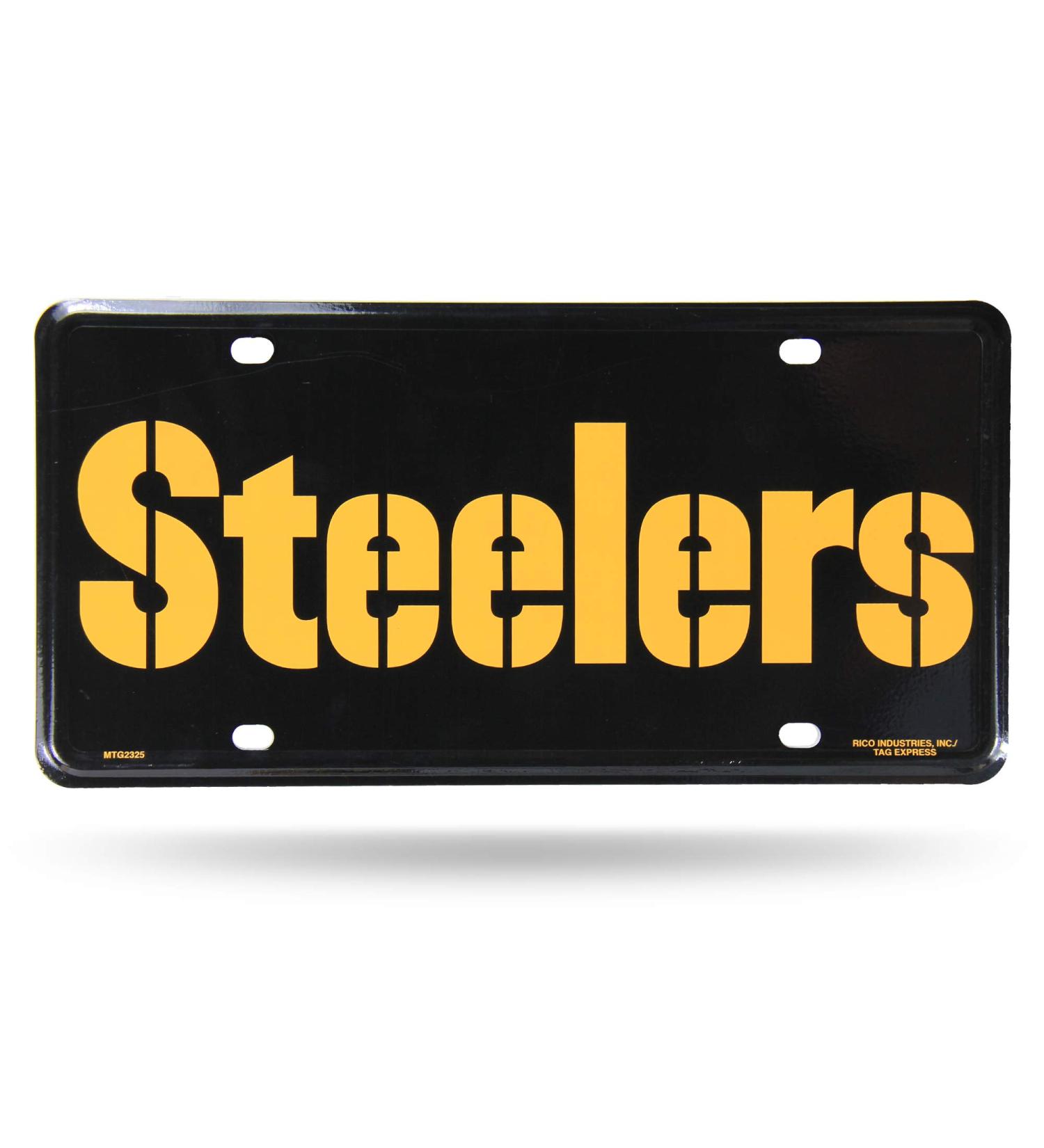 Rico Industries NFL Pittsburgh Steelers - Black Wordmark Metal License Plate Tag, 6 x 11.5-"