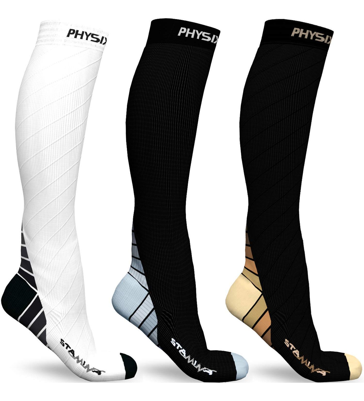 Physix Gear Sport Compression Socks 3-Pack for Men & Women - L-XL Size, Black/Grey, Nude Beige, Black/White - Buy Online on GoSupps.com